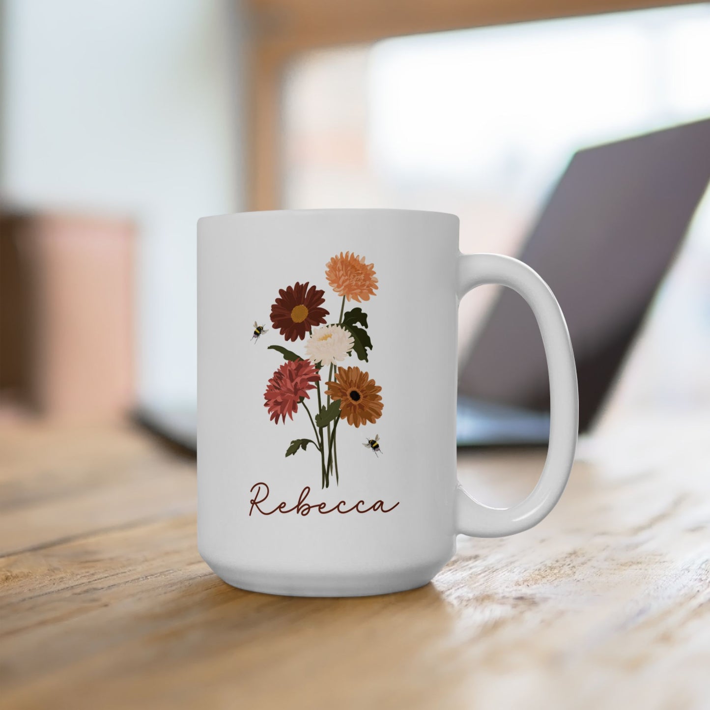 Wildflowers mug, Floral mugs, Nature mug, Bee mug, Botanical teacup, Garden lover gift, Gift for her, Personalized name mug, Custom mug,