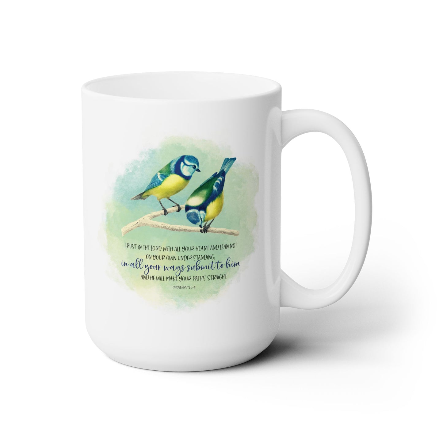 Proverbs 3:5-6 coffe mug, Blue tit Bird mug, Bible verse mug, inspirational Christian Faith mug, religious gifts, bird or nature lovers mug.