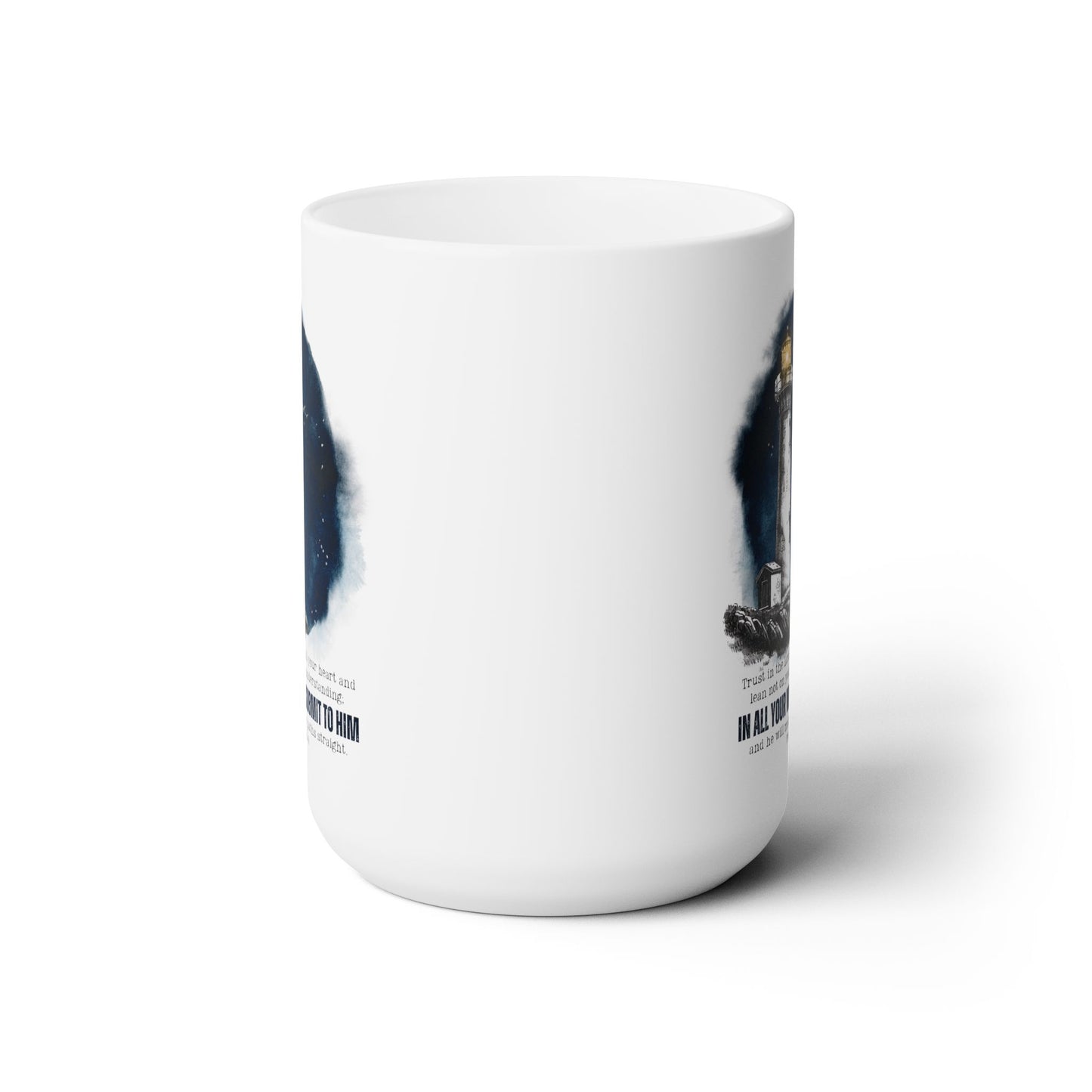 Proverbs 3:5-6 coffe mug, Lighthouse mug, Bible verse mug, inspirational Christian Faith mug, religious gift, sea lovers, boat captain gift.