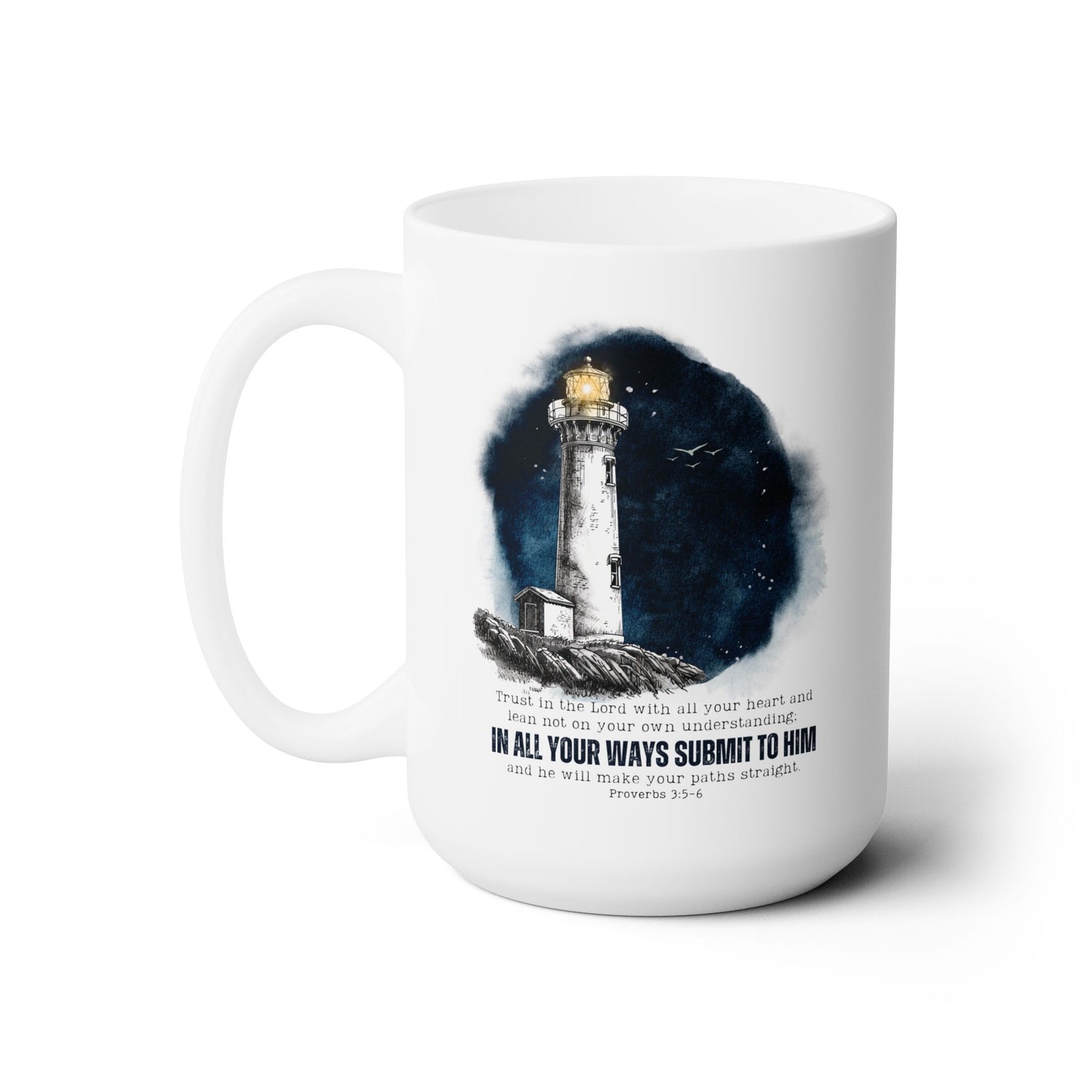 Proverbs 3:5-6 coffe mug, Lighthouse mug, Bible verse mug, inspirational Christian Faith mug, religious gift, sea lovers, boat captain gift.
