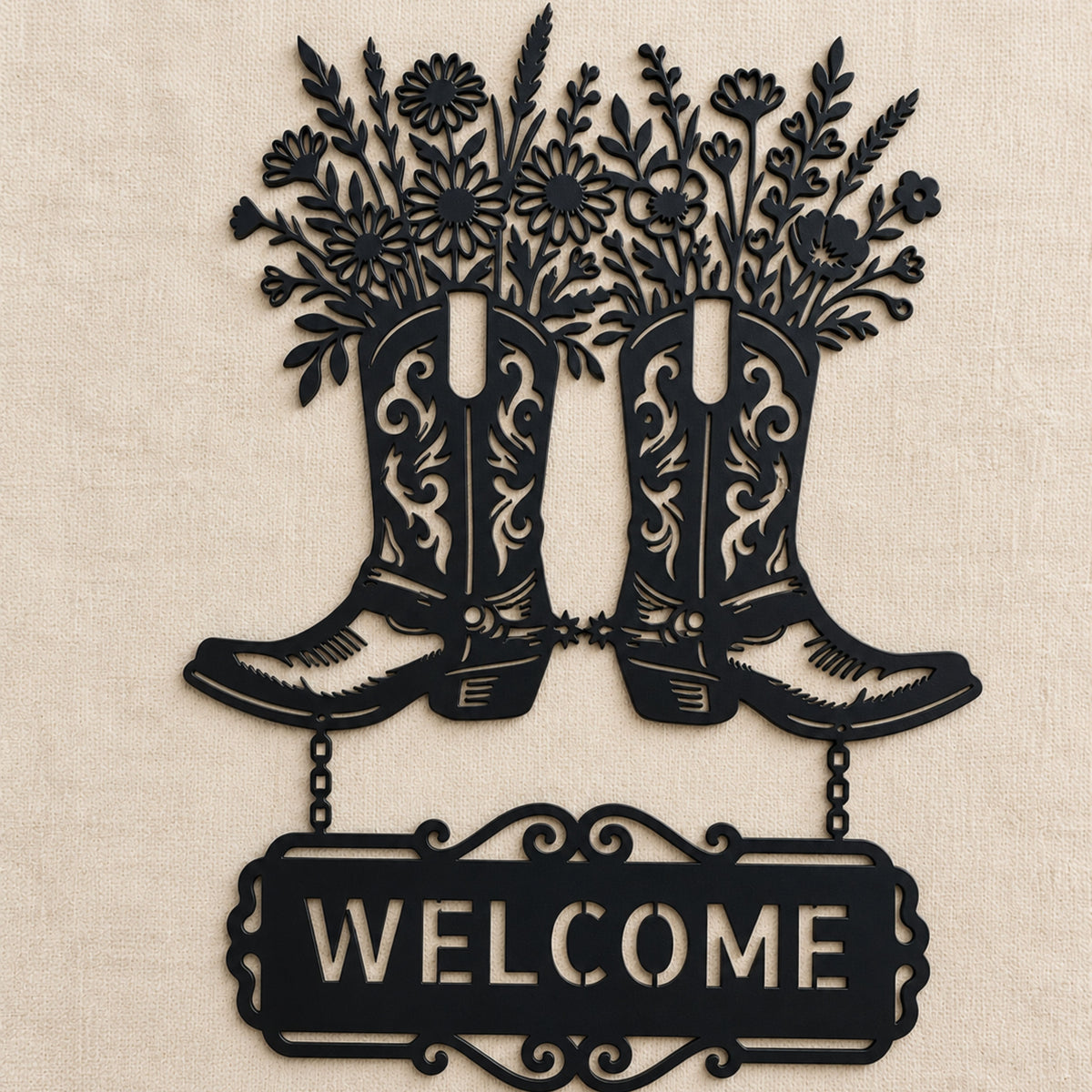 Personalized Cowboy Boots Metal Sign, Western Floral Welcome Sign, Custom Garden Sign, Rustic Farmhouse Decor, House Address Sign.