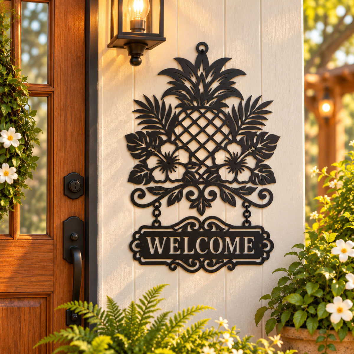 Personalized Metal Pineapple & Tropical Garden Sign, Welcome sign, custom family name, Address sign