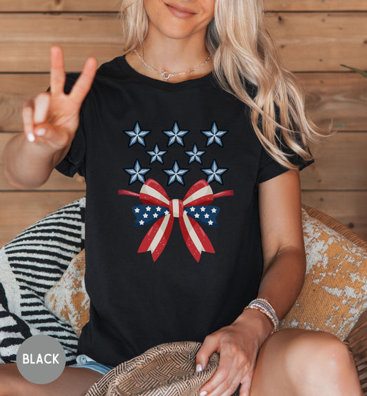 Patriotic Bow Shirt, Red White and Blue Tee, Fourth of July Shirt, Stars and Stripes Shirt, USA Patriotic Graphic Tee, America Birthday