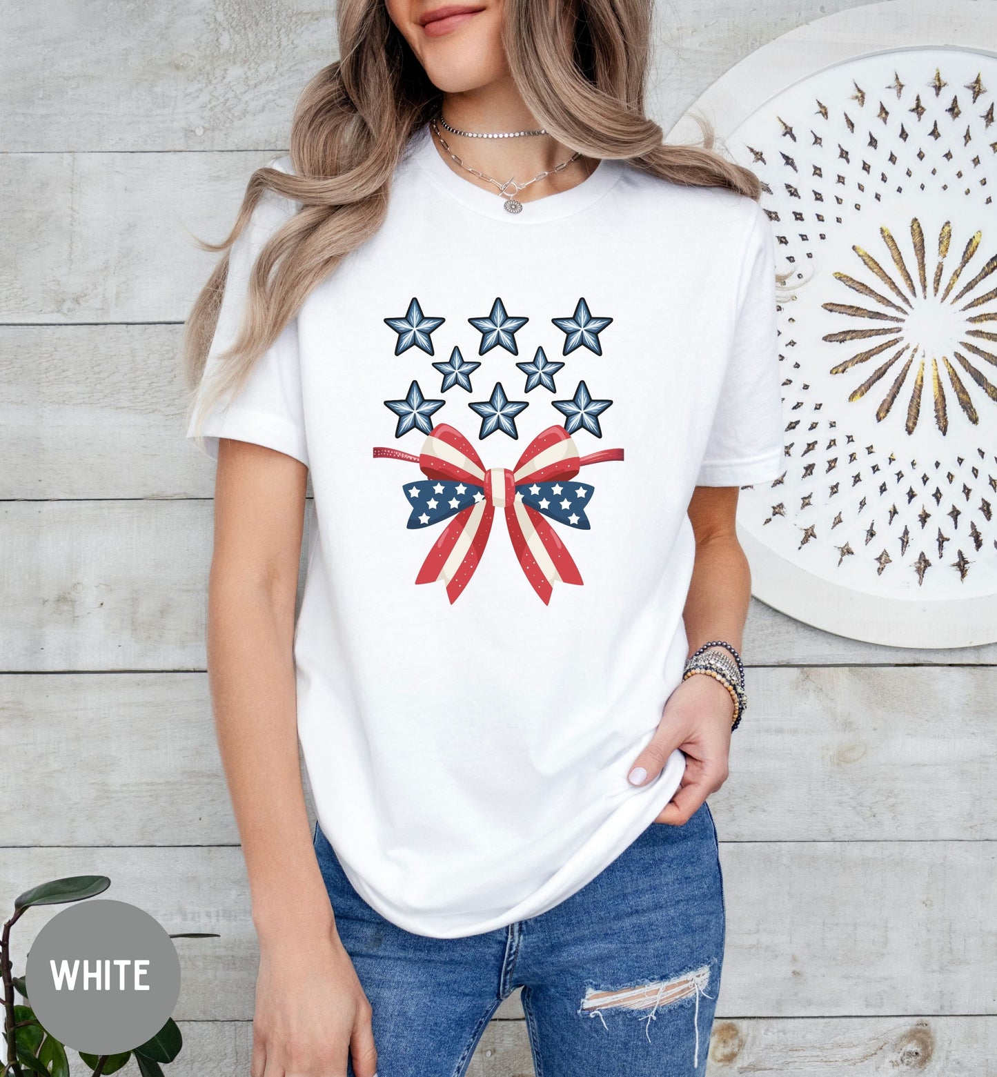 Patriotic Bow Shirt, Red White and Blue Tee, Fourth of July Shirt, Stars and Stripes Shirt, USA Patriotic Graphic Tee, America Birthday