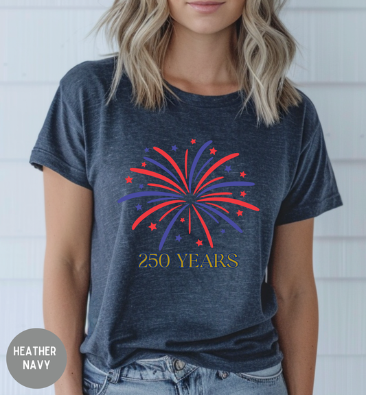 America 250 Years Shirt, Patriotic Fireworks T-Shirt, USA Anniversary Tee, 4th of July Celebration Shirt, USA pride, Womans Tee, BBQ shirt