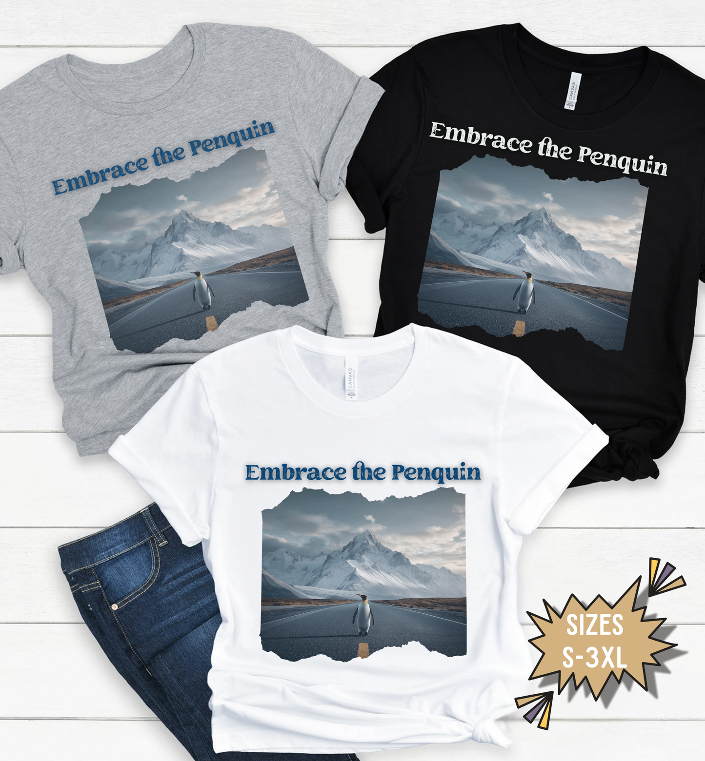 Embrace the Penguin T-Shirt, Funny Inspirational Penguin Shirt, Journey, Mountain Road Graphic Tee, Nature Lover, Unisex Shirt
