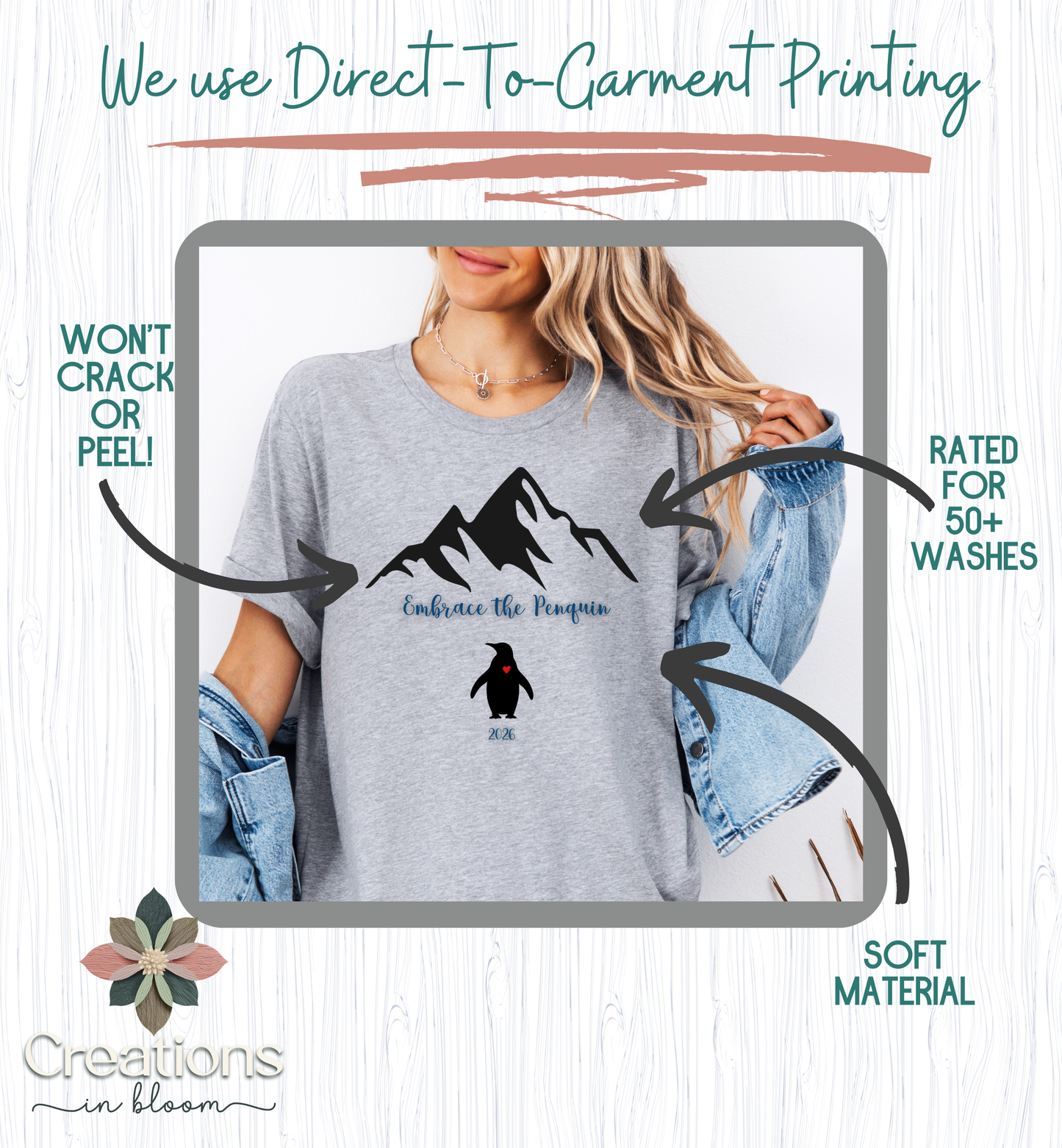 Gray t-shirt with mountain and penguin design, featuring text about printing quality and material.
