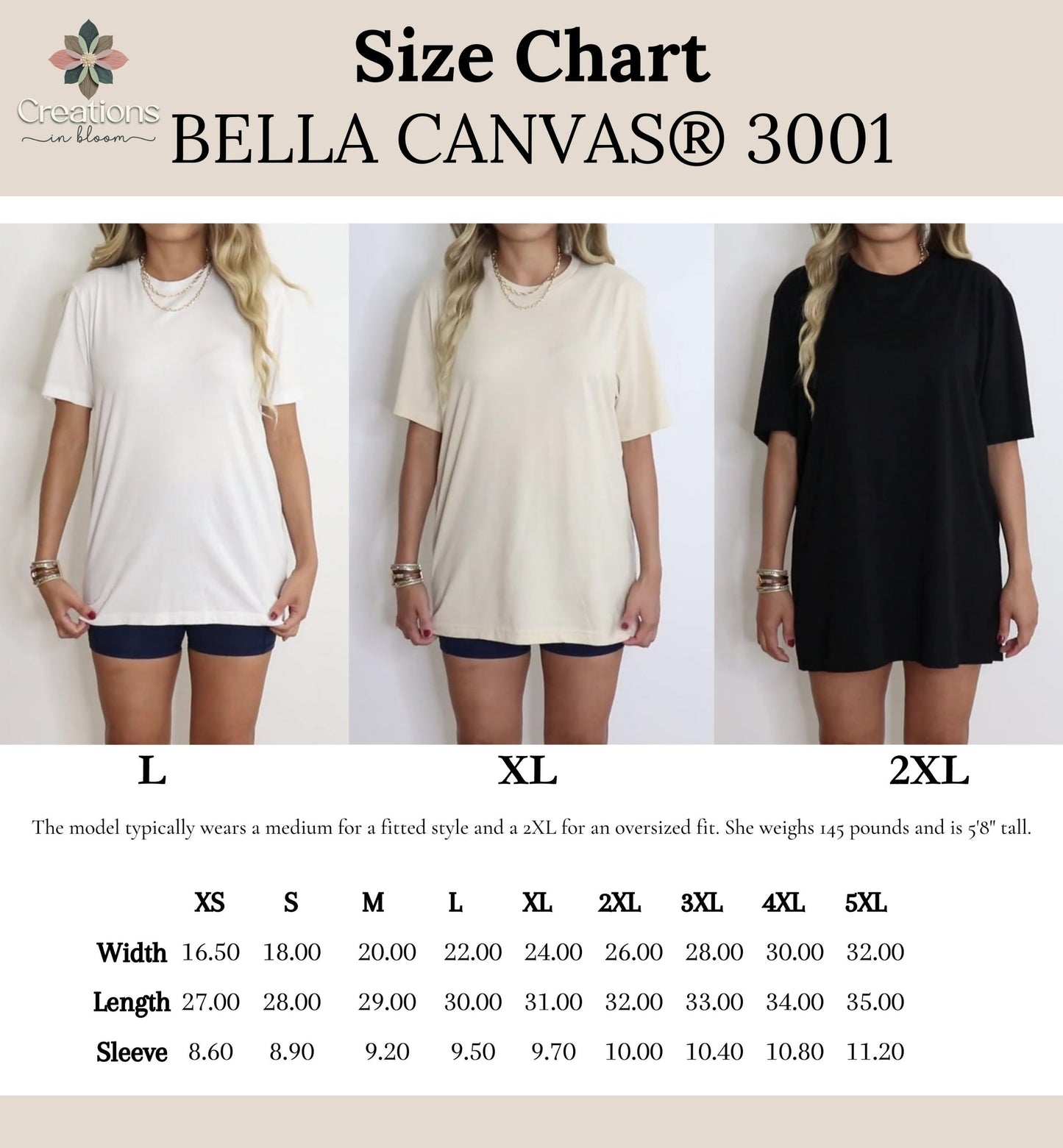 Size chart for Bella Canvas® 3001 t-shirts showing different sizes on a white background.
