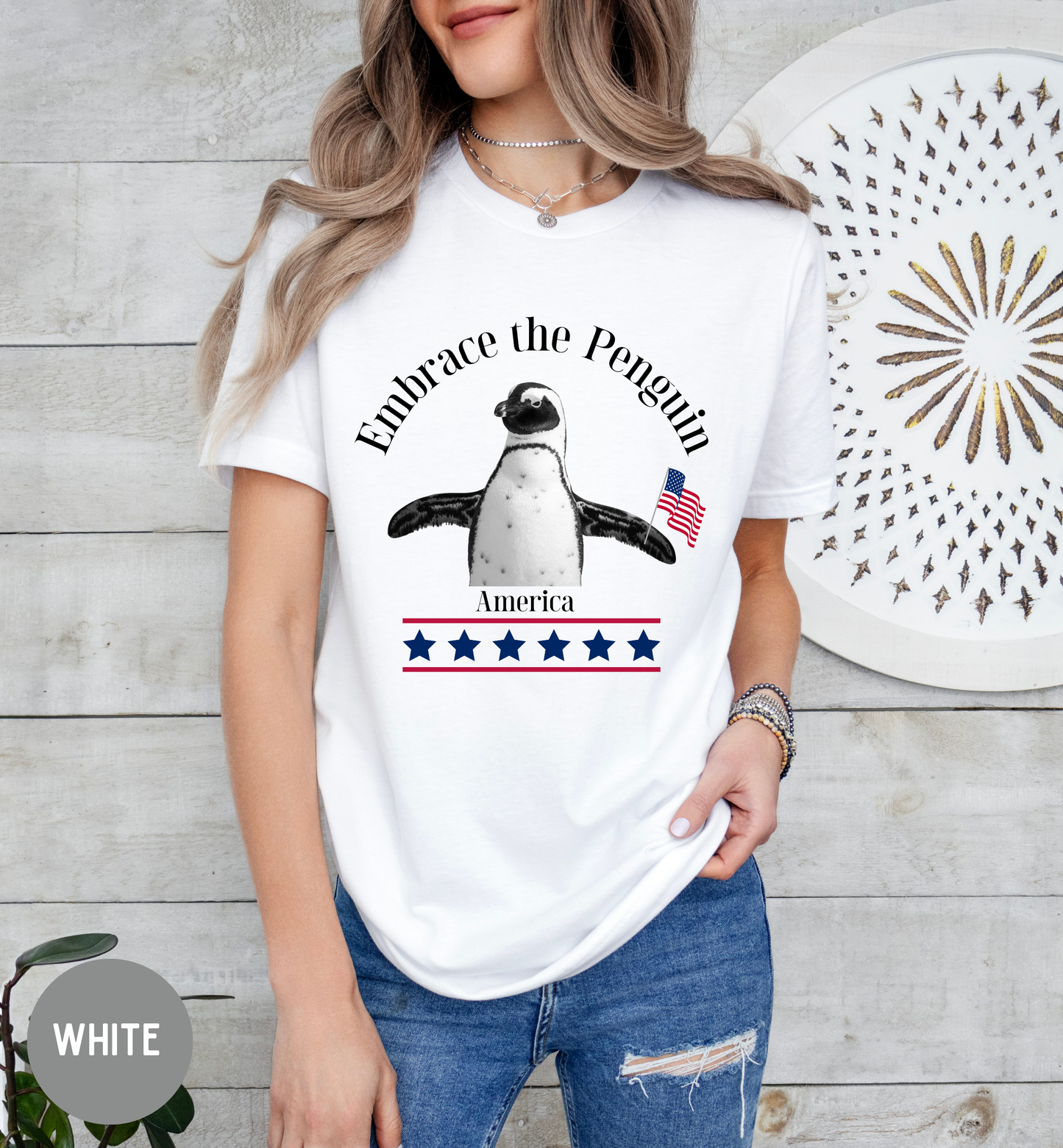 Embrace the Penguin T-Shirt, Patriotic Penguin Shirt, Funny Fourth of July Tee, Unisex USA Graphic Shirt, USA, America, Funny Animal