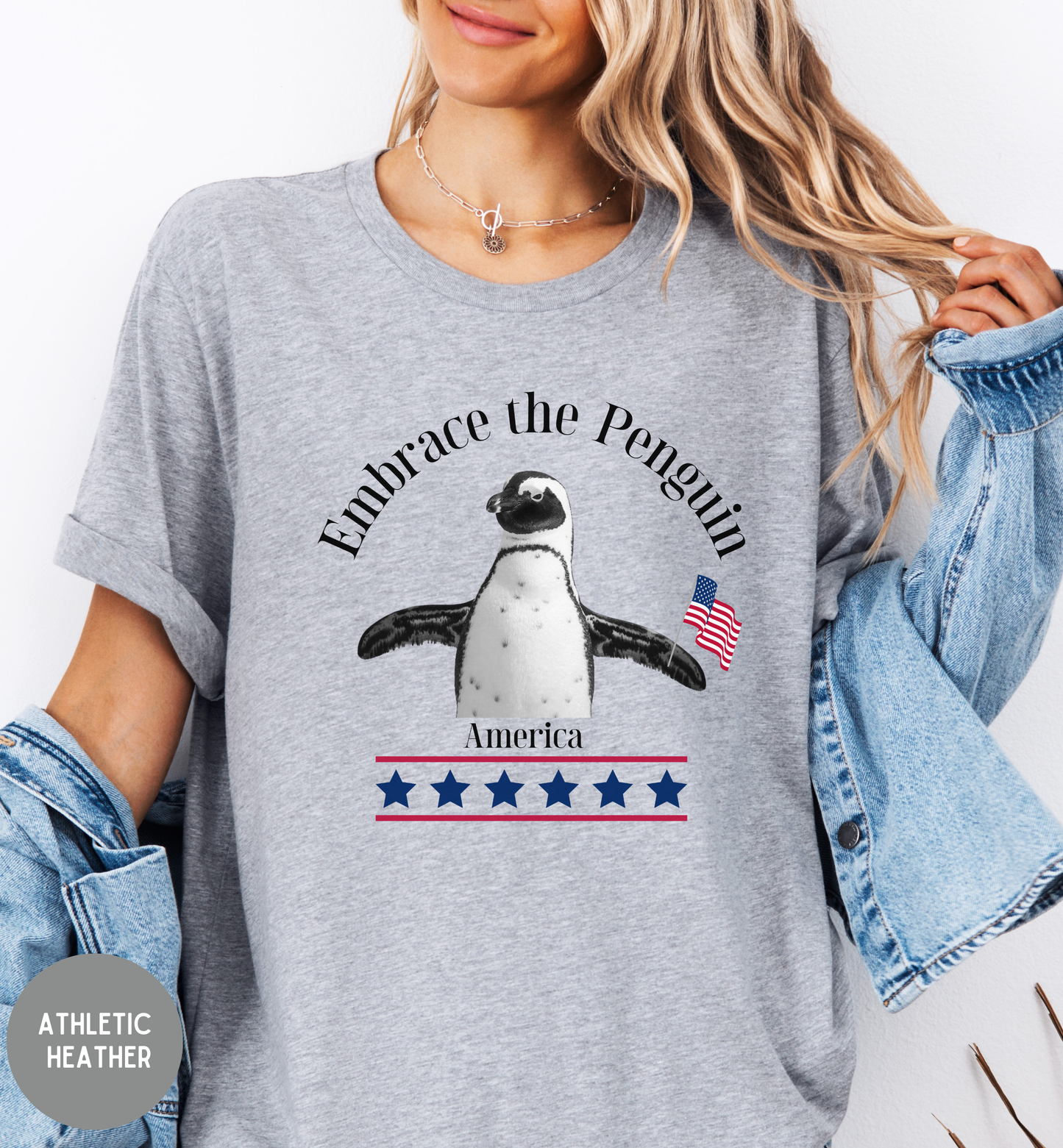 Embrace the Penguin T-Shirt, Patriotic Penguin Shirt, Funny Fourth of July Tee, Unisex USA Graphic Shirt, USA, America, Funny Animal