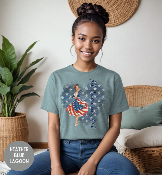 All American Girl, Vintage Patriotic T-Shirt, Fourth of July Tee, Summer tee, Retro shirt, America 250th, Stars and stripes, USA pride shirt