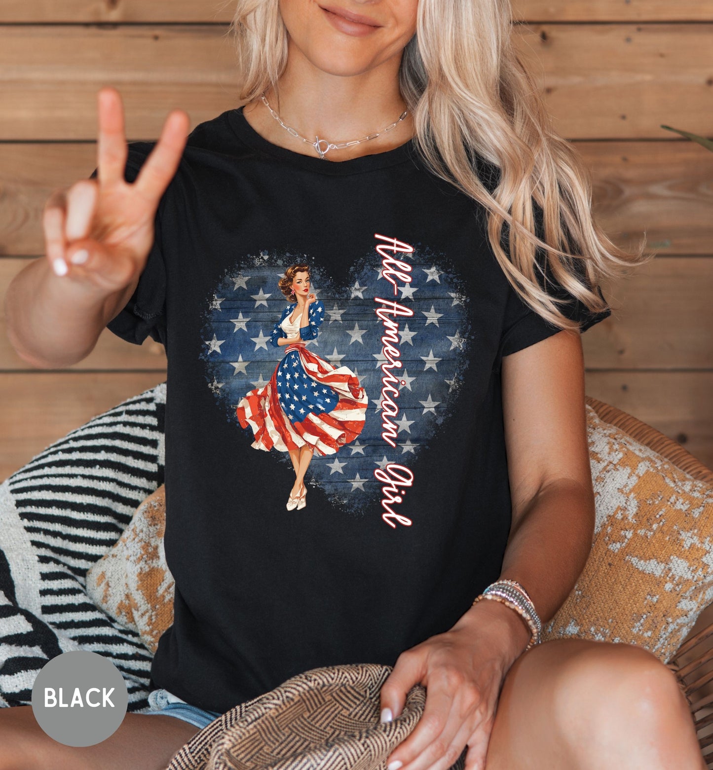 All American Girl, Vintage Patriotic T-Shirt, Fourth of July Tee, Summer tee, Retro shirt, America 250th, Stars and stripes, USA pride shirt