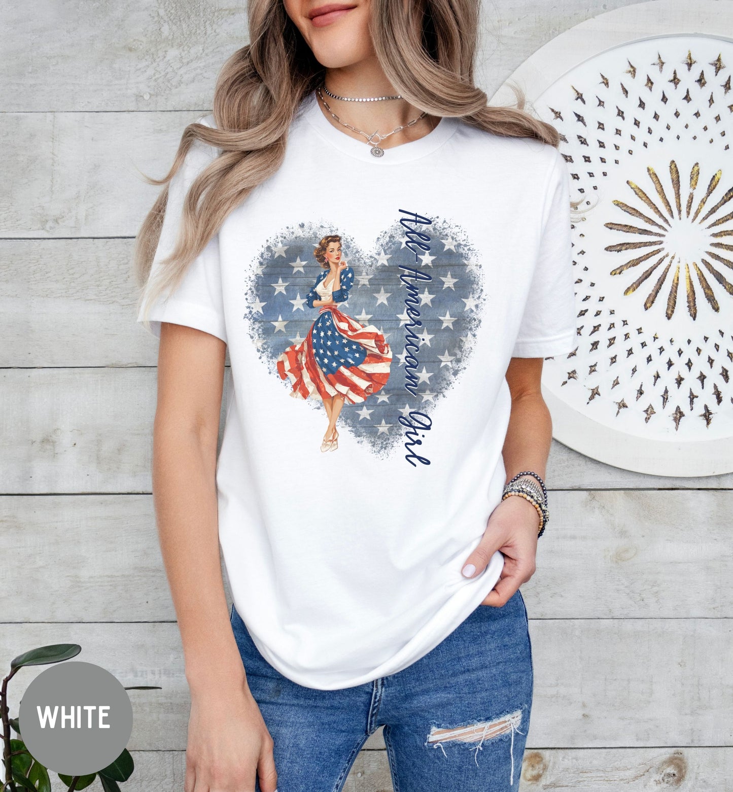 All American Girl, Vintage Patriotic T-Shirt, Fourth of July Tee, Summer tee, Retro shirt, America 250th, Stars and stripes, USA pride shirt