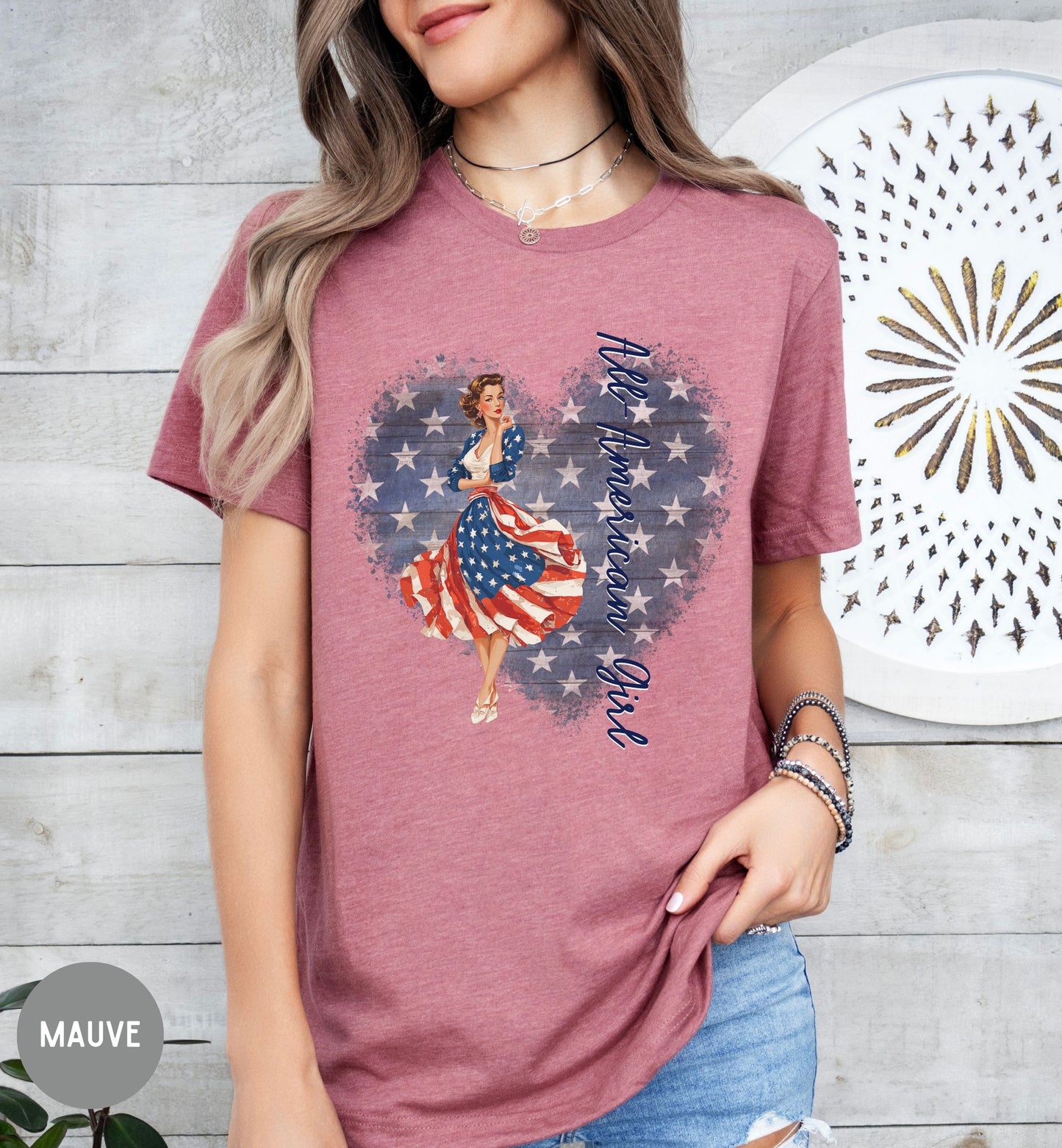All American Girl, Vintage Patriotic T-Shirt, Fourth of July Tee, Summer tee, Retro shirt, America 250th, Stars and stripes, USA pride shirt