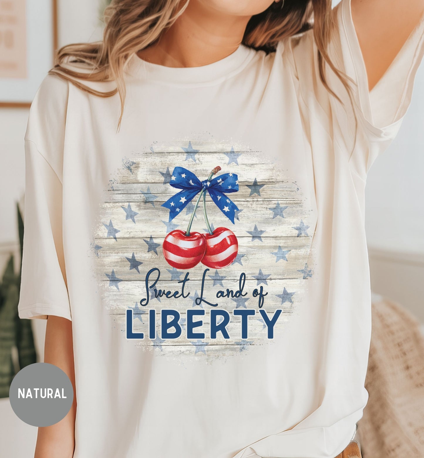 Sweet Land of Liberty Patriotic T-Shirt, Retro Fourth of July Tee, Americana Cherry Shirt, Bow Tee, USA T-Shirt, Summer tee, America 250th