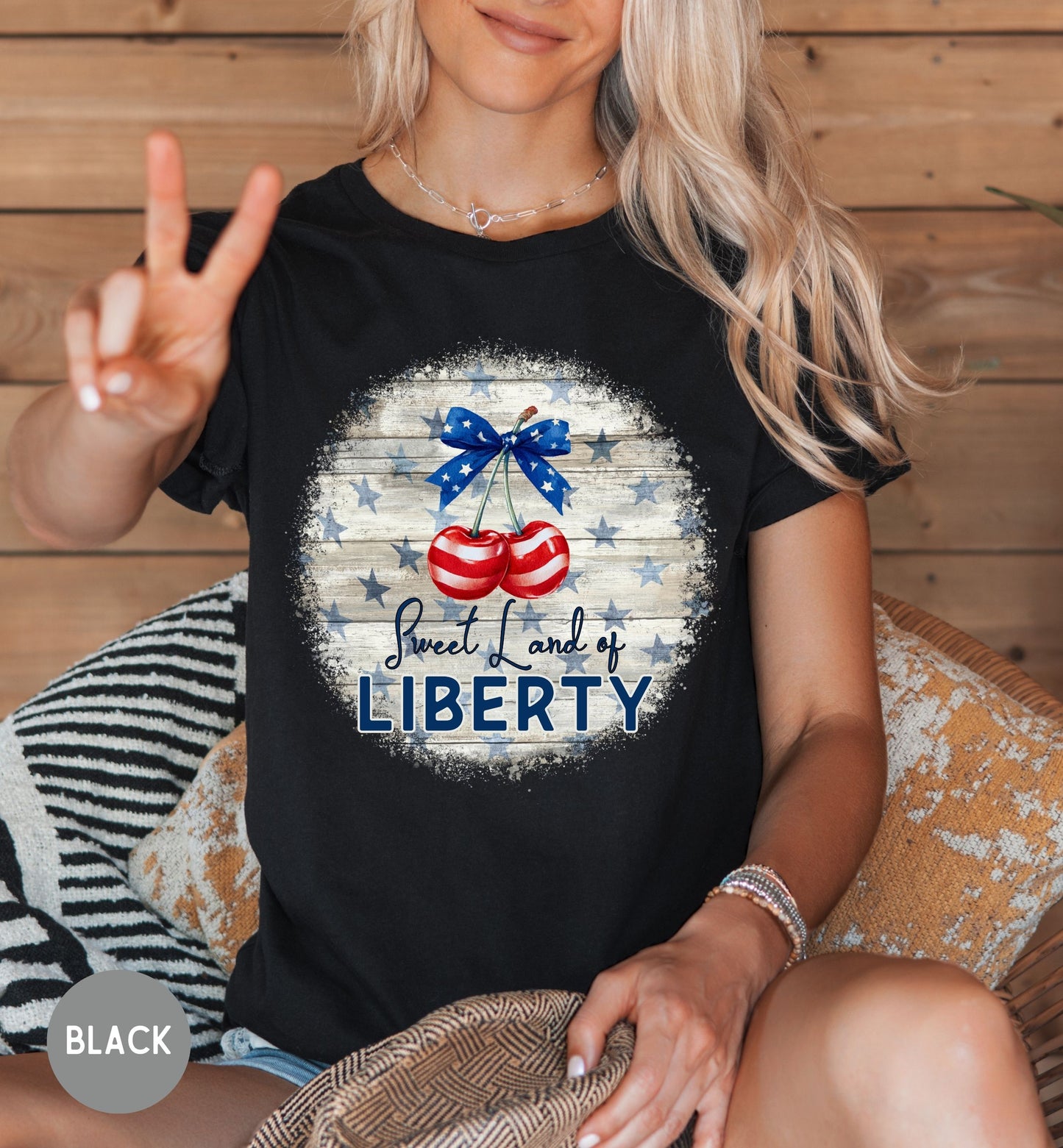 Sweet Land of Liberty Patriotic T-Shirt, Retro Fourth of July Tee, Americana Cherry Shirt, Bow Tee, USA T-Shirt, Summer tee, America 250th
