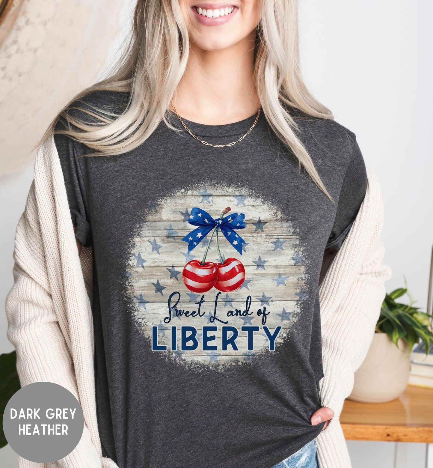 Sweet Land of Liberty Patriotic T-Shirt, Retro Fourth of July Tee, Americana Cherry Shirt, Bow Tee, USA T-Shirt, Summer tee, America 250th