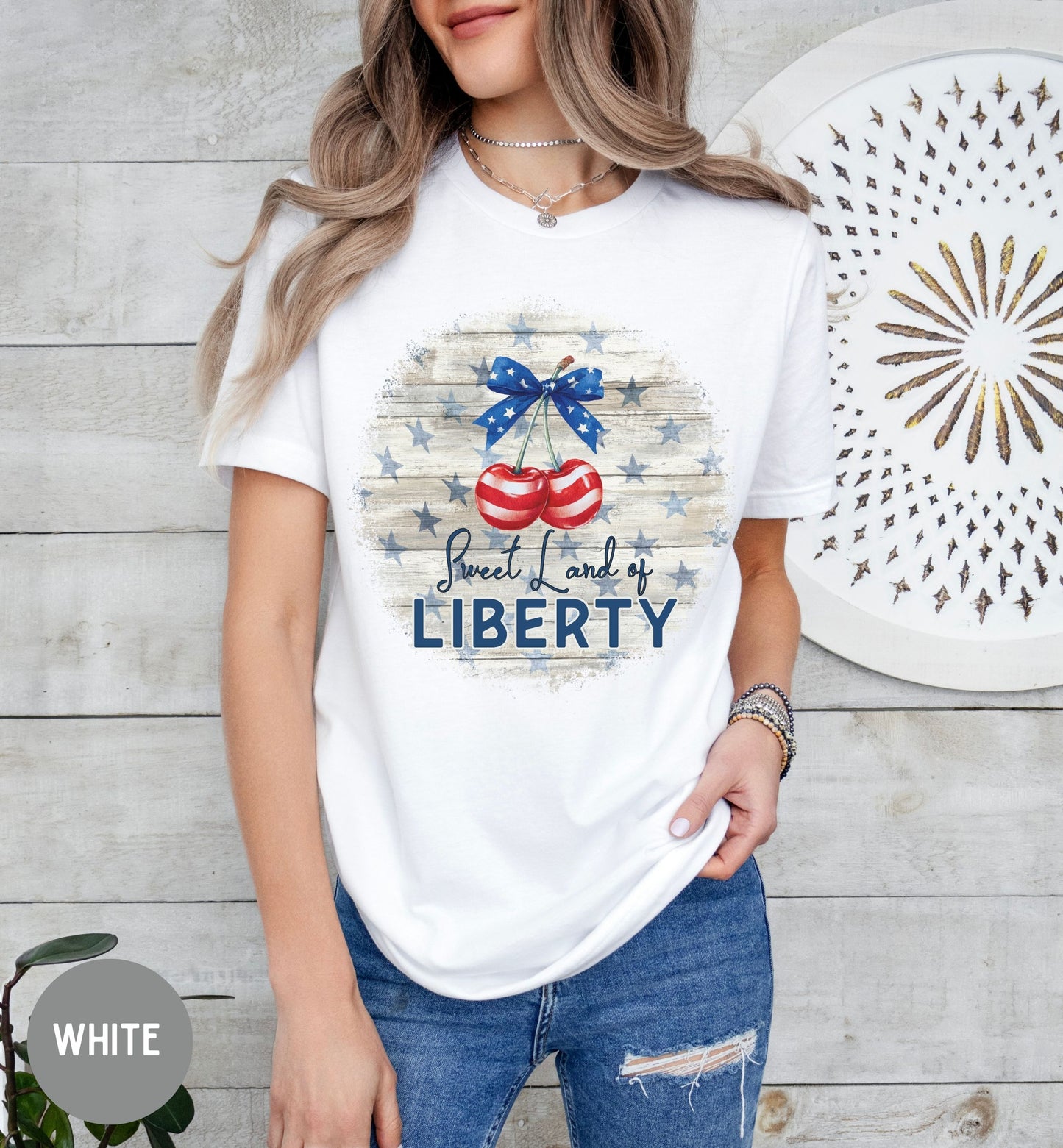 Sweet Land of Liberty Patriotic T-Shirt, Retro Fourth of July Tee, Americana Cherry Shirt, Bow Tee, USA T-Shirt, Summer tee, America 250th