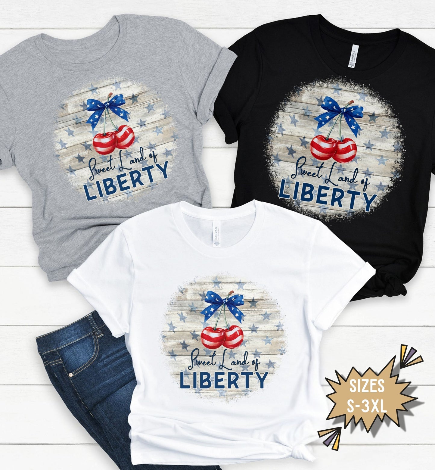 Sweet Land of Liberty Patriotic T-Shirt, Retro Fourth of July Tee, Americana Cherry Shirt, Bow Tee, USA T-Shirt, Summer tee, America 250th