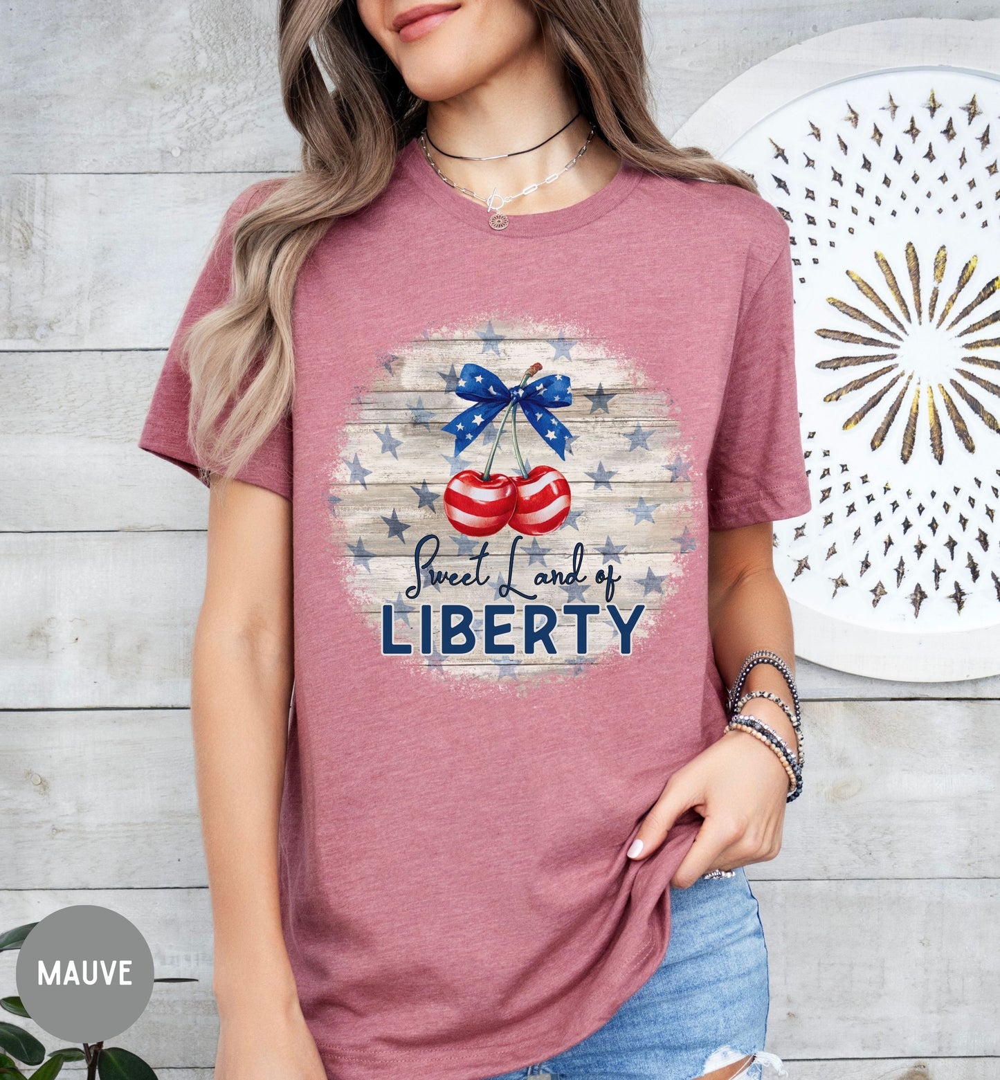 Sweet Land of Liberty Patriotic T-Shirt, Retro Fourth of July Tee, Americana Cherry Shirt, Bow Tee, USA T-Shirt, Summer tee, America 250th