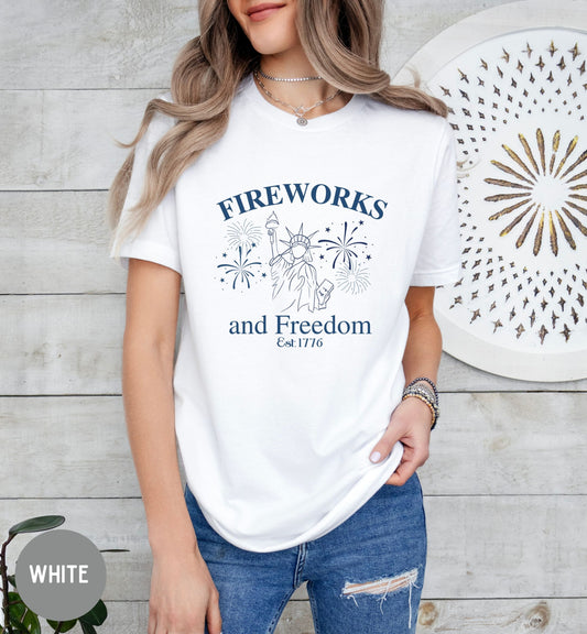 Fireworks and Freedom Shirt, Land of the Free, 1776 tee, Red White Blue, Freedom tee, Fourth of July Shirt, Patriotic tee, Stars and Stripes