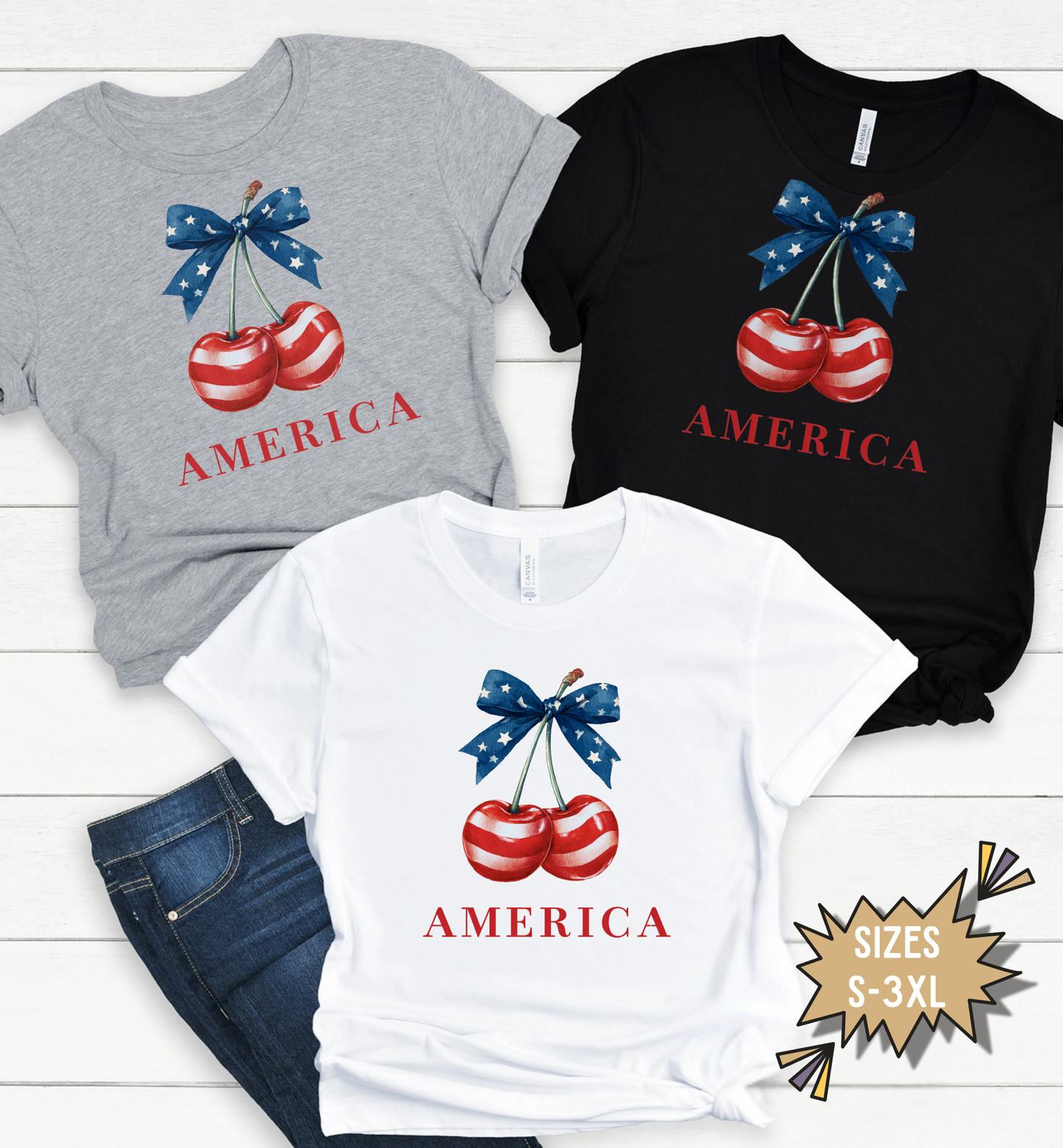 America Patriotic Cherry T-Shirt | Red White Blue Bow Shirt | Fourth of July Tee | Cute USA Graphic Shirt | Vintage Americana Unisex Tee