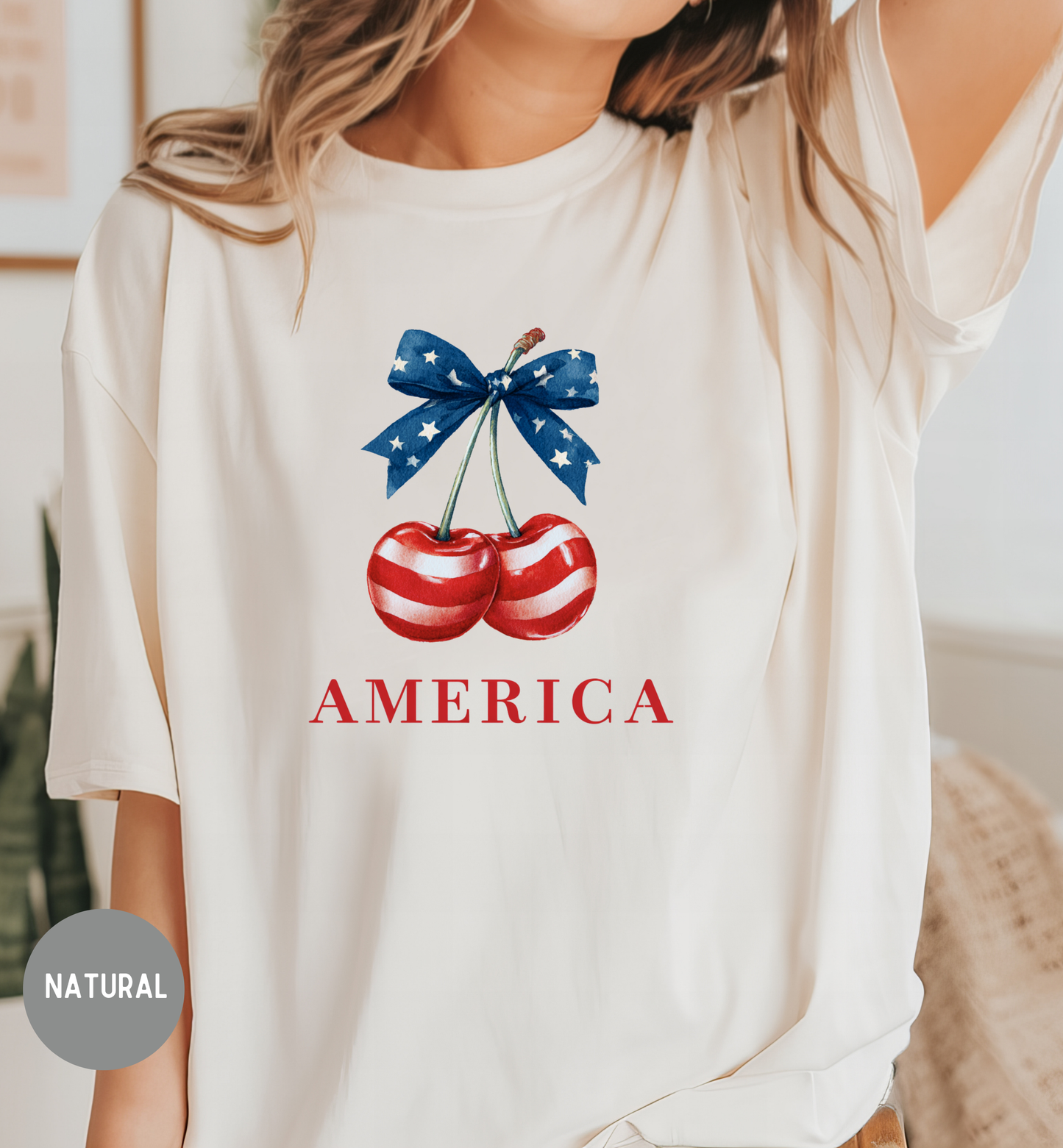 America Patriotic Cherry T-Shirt | Red White Blue Bow Shirt | Fourth of July Tee | Cute USA Graphic Shirt | Vintage Americana Unisex Tee