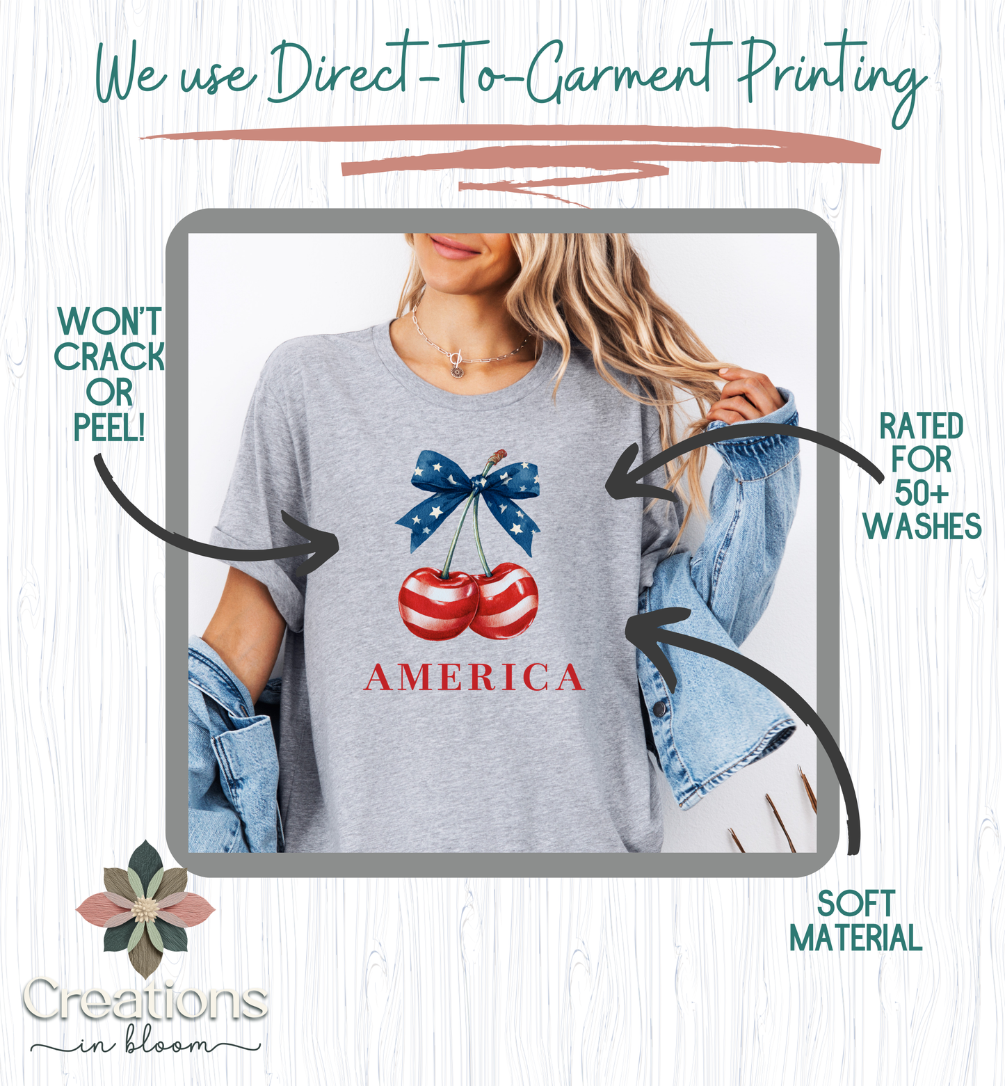 America Patriotic Cherry T-Shirt | Red White Blue Bow Shirt | Fourth of July Tee | Cute USA Graphic Shirt | Vintage Americana Unisex Tee