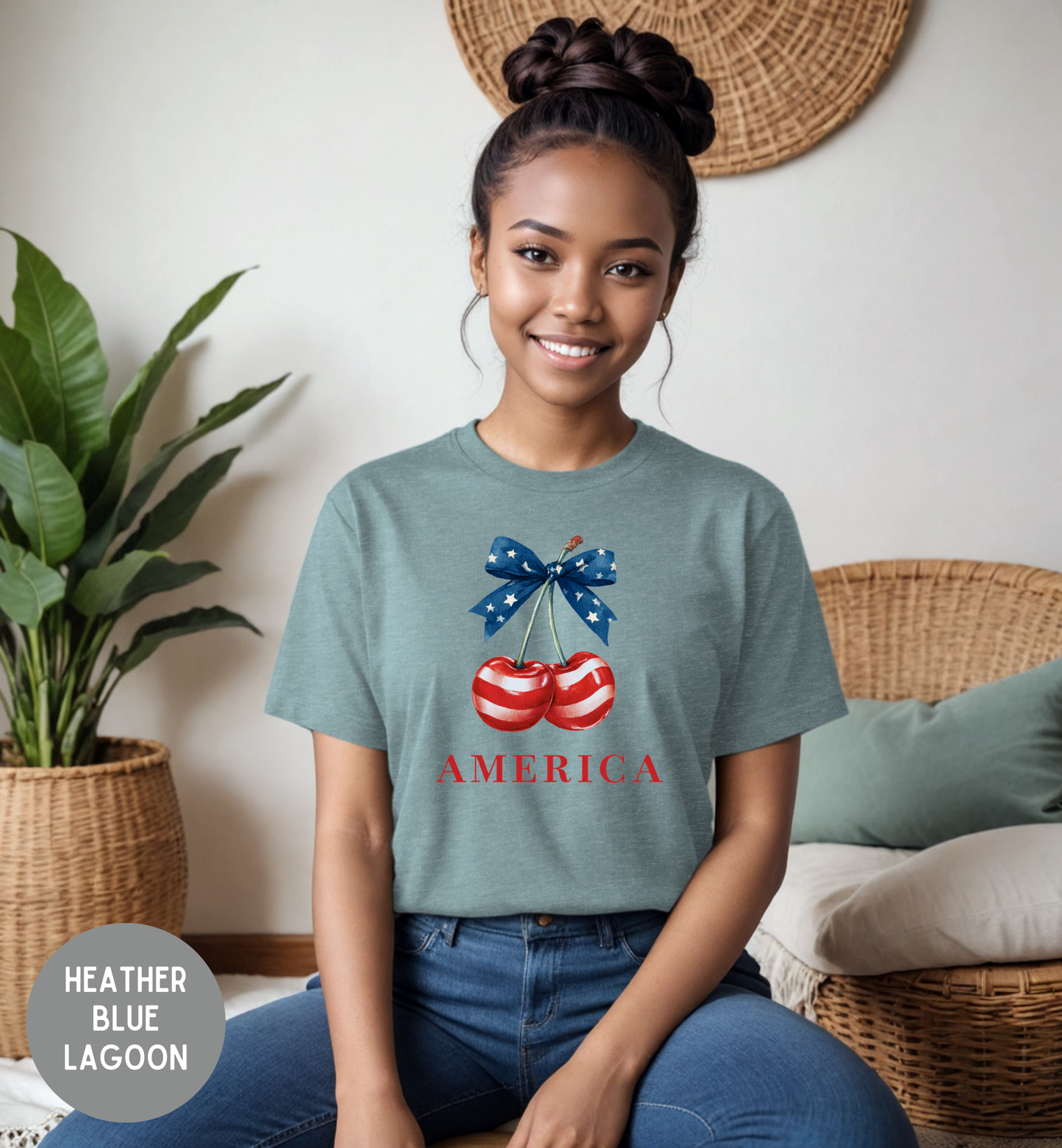 America Patriotic Cherry T-Shirt | Red White Blue Bow Shirt | Fourth of July Tee | Cute USA Graphic Shirt | Vintage Americana Unisex Tee