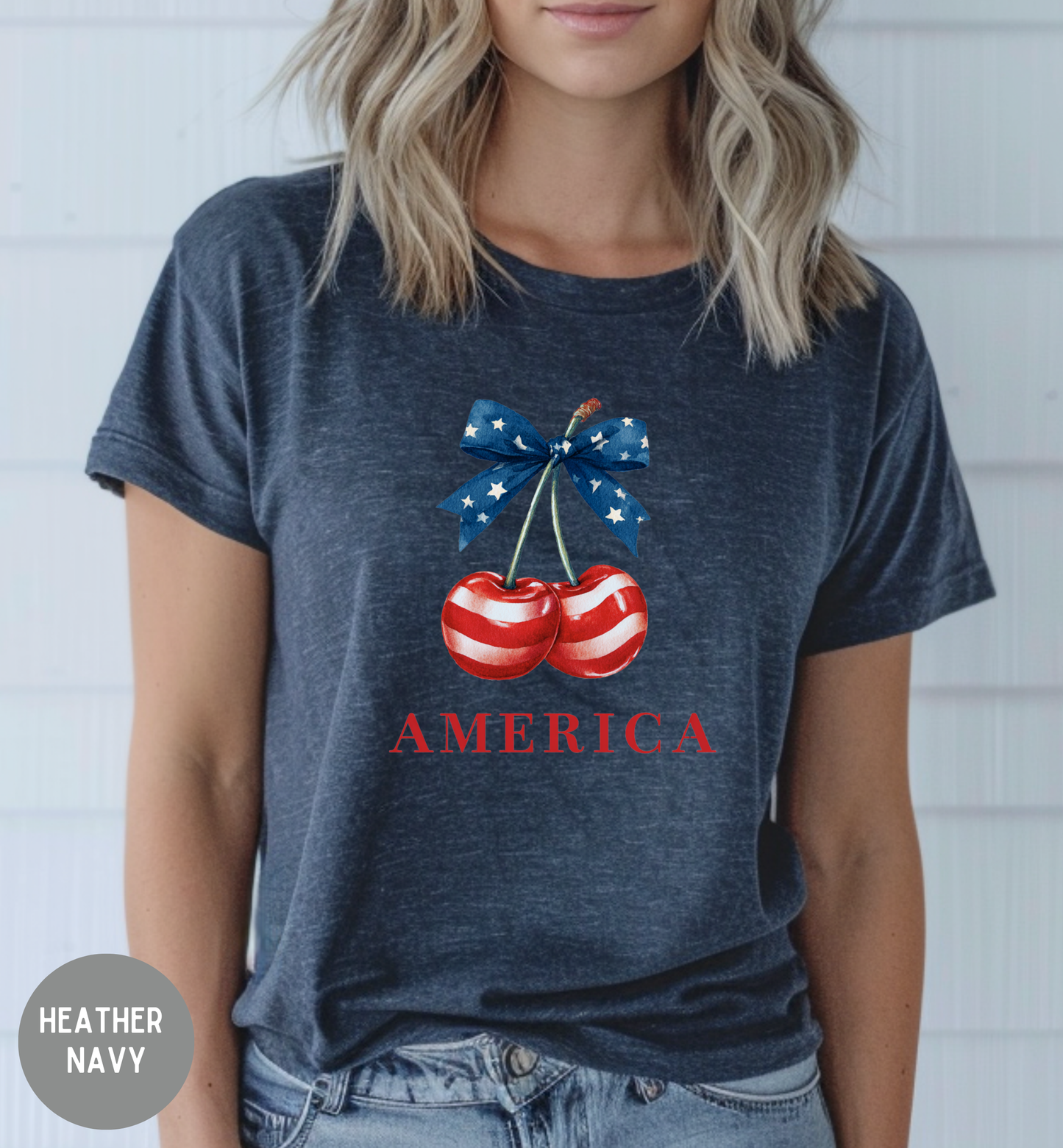 America Patriotic Cherry T-Shirt | Red White Blue Bow Shirt | Fourth of July Tee | Cute USA Graphic Shirt | Vintage Americana Unisex Tee