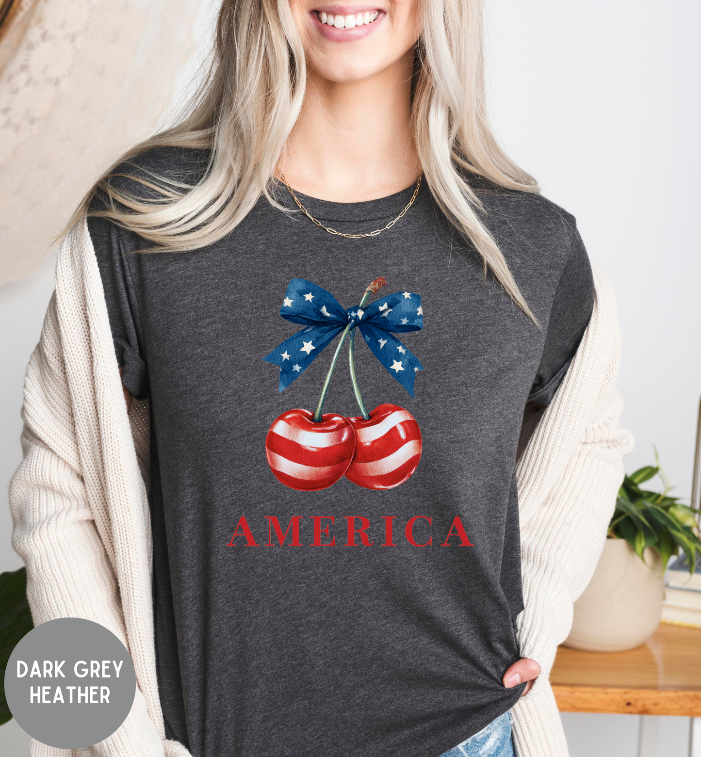 America Patriotic Cherry T-Shirt | Red White Blue Bow Shirt | Fourth of July Tee | Cute USA Graphic Shirt | Vintage Americana Unisex Tee