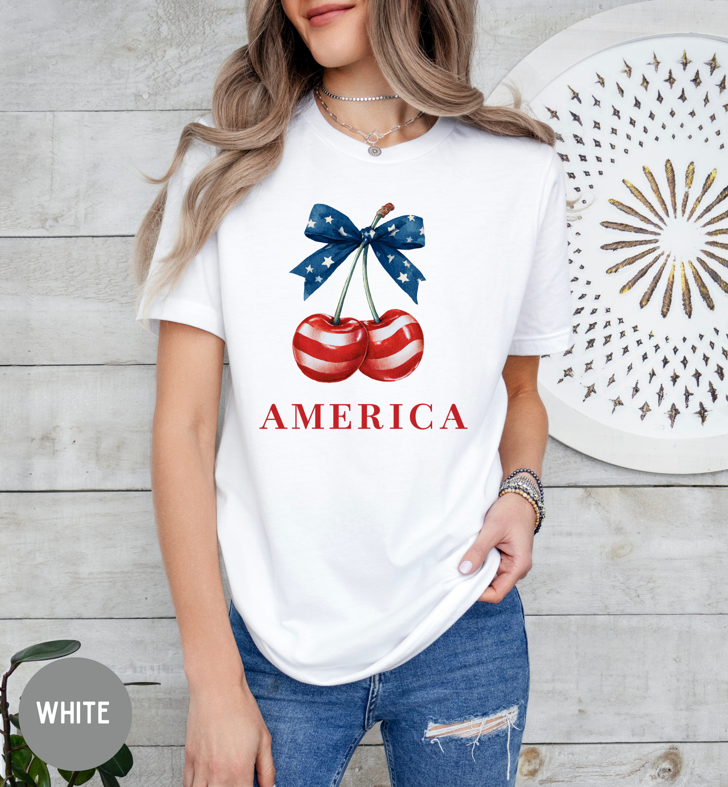 America Patriotic Cherry T-Shirt | Red White Blue Bow Shirt | Fourth of July Tee | Cute USA Graphic Shirt | Vintage Americana Unisex Tee