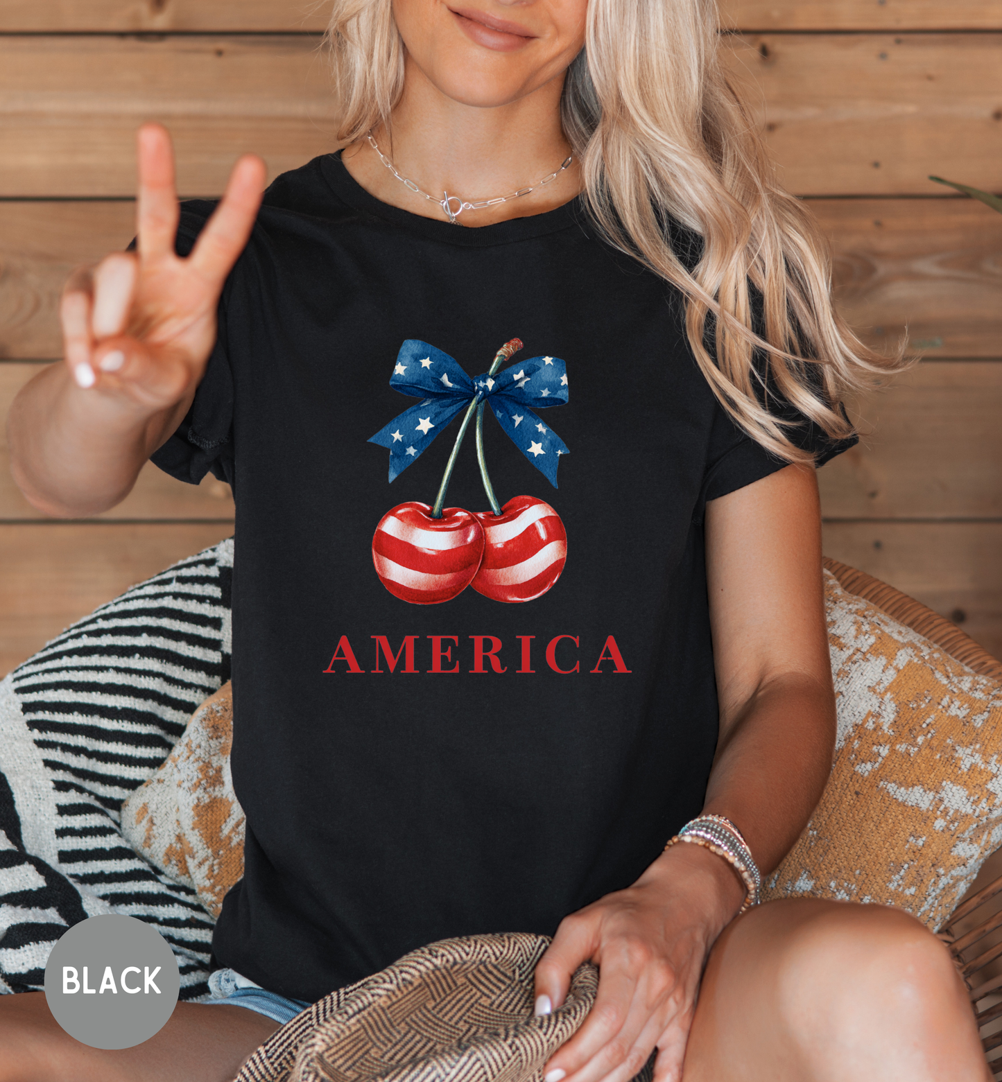 America Patriotic Cherry T-Shirt | Red White Blue Bow Shirt | Fourth of July Tee | Cute USA Graphic Shirt | Vintage Americana Unisex Tee