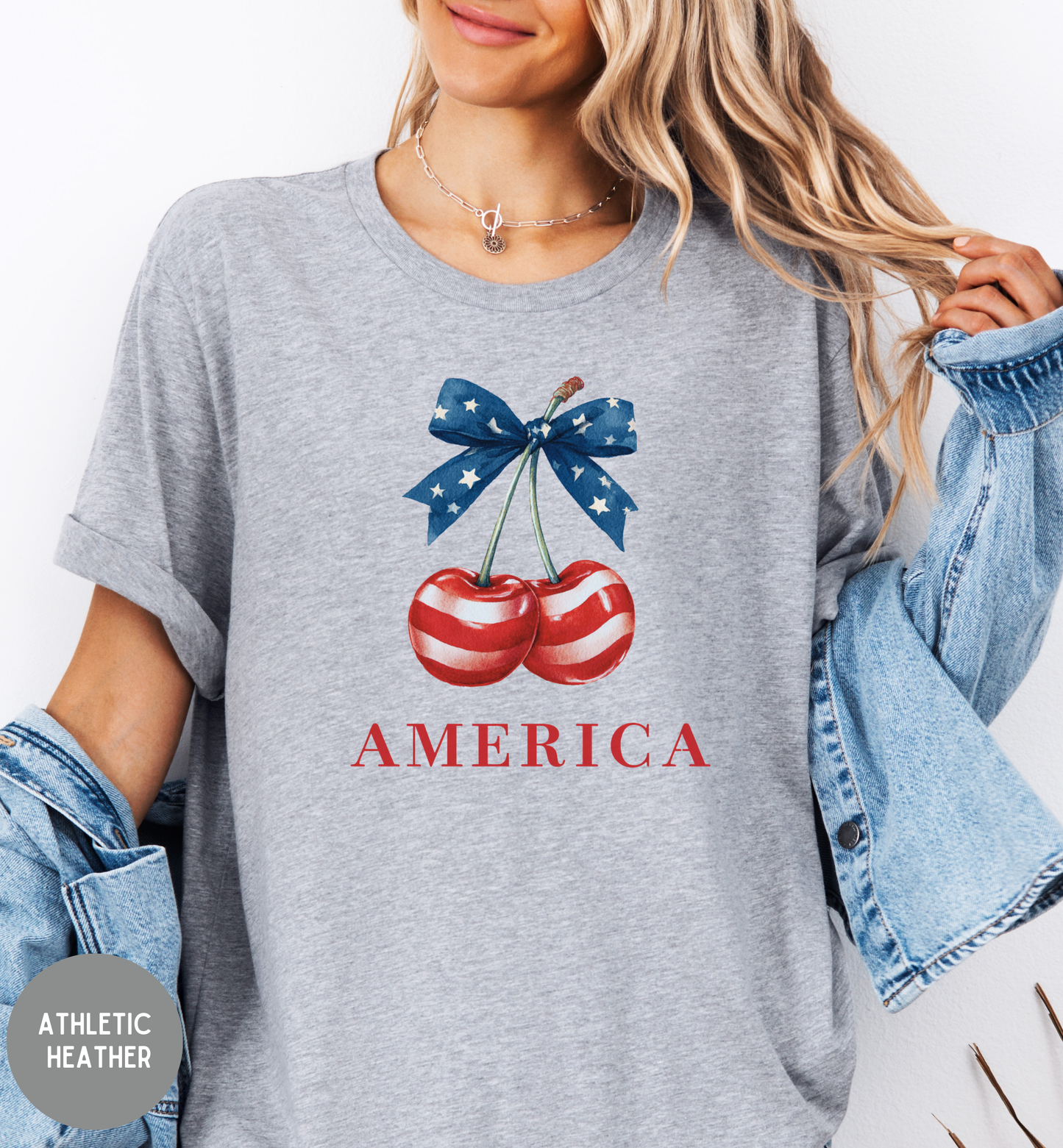 America Patriotic Cherry T-Shirt | Red White Blue Bow Shirt | Fourth of July Tee | Cute USA Graphic Shirt | Vintage Americana Unisex Tee