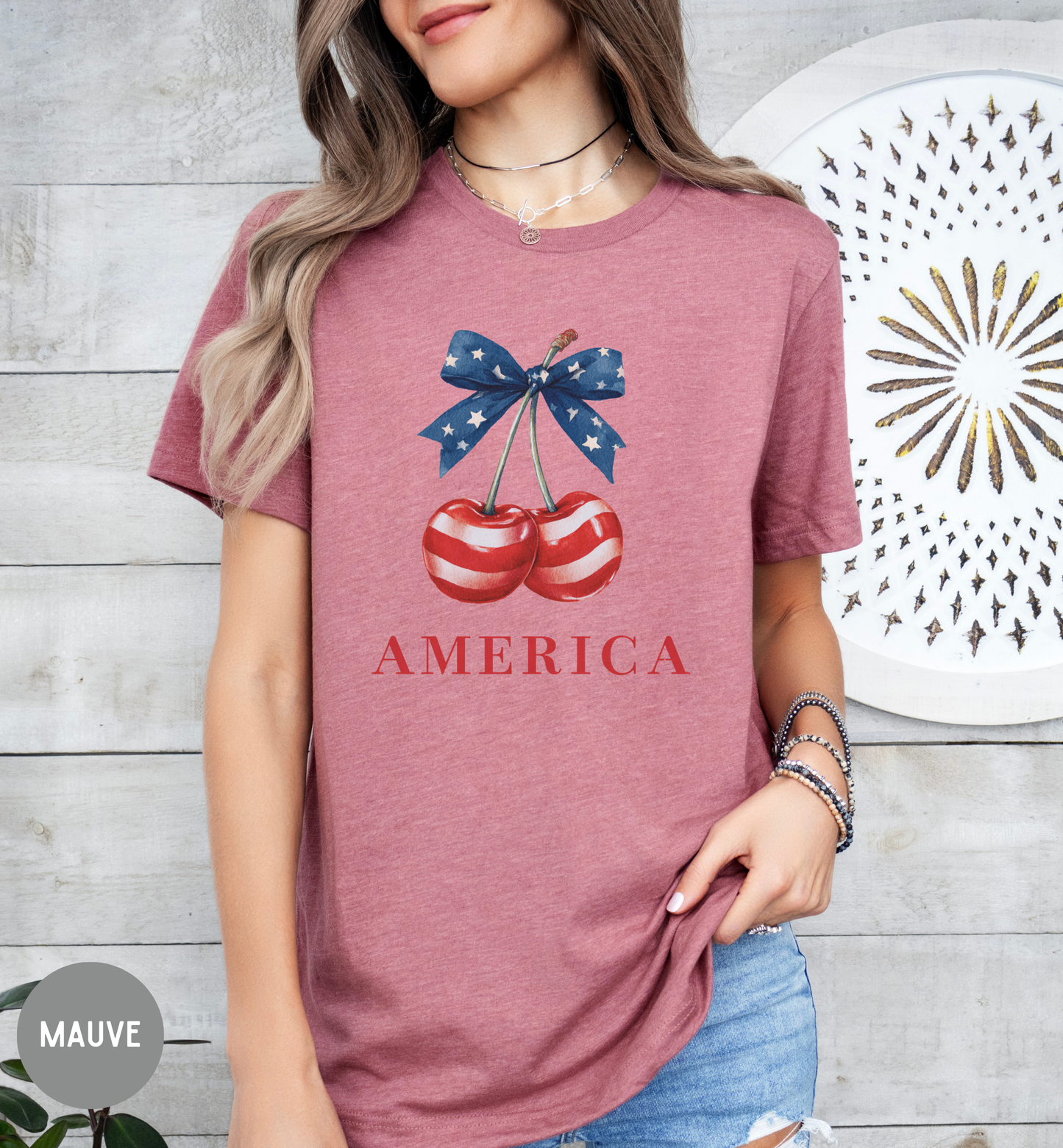 America Patriotic Cherry T-Shirt | Red White Blue Bow Shirt | Fourth of July Tee | Cute USA Graphic Shirt | Vintage Americana Unisex Tee