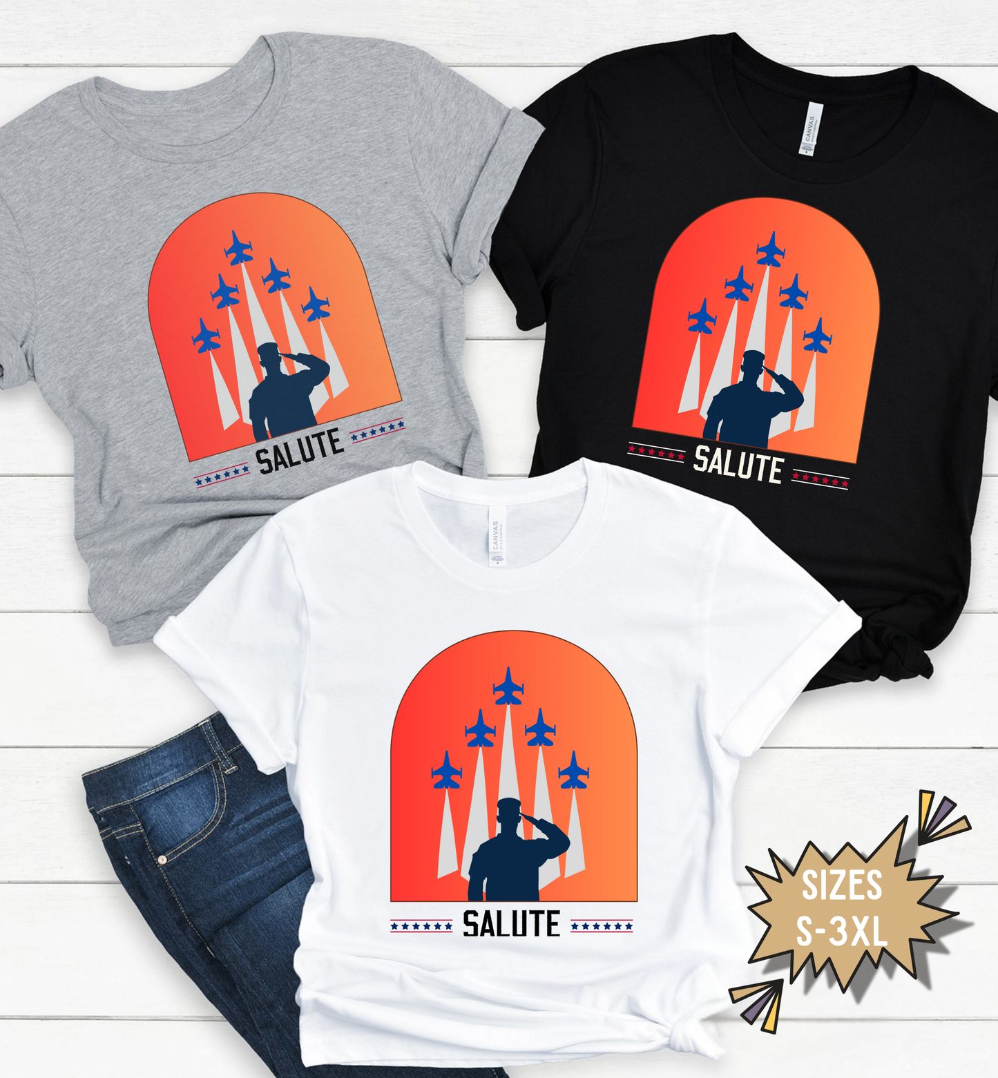 Salute Patriotic Military T-Shirt | Veteran Tribute Jet Flyover Tee | USA Honor Shirt | Armed Forces Graphic | Fourth of July Unisex Tee