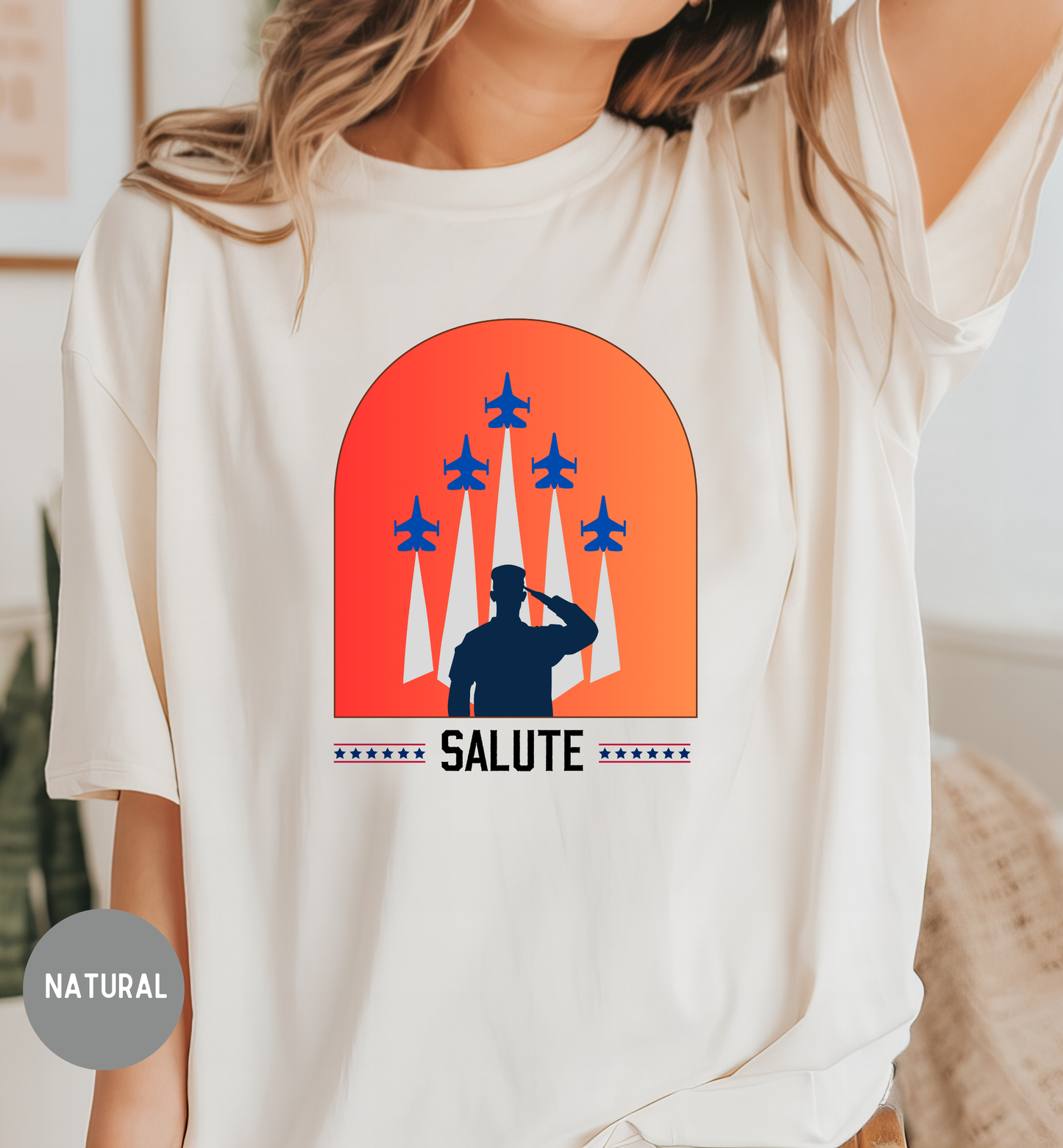 Salute Patriotic Military T-Shirt | Veteran Tribute Jet Flyover Tee | USA Honor Shirt | Armed Forces Graphic | Fourth of July Unisex Tee