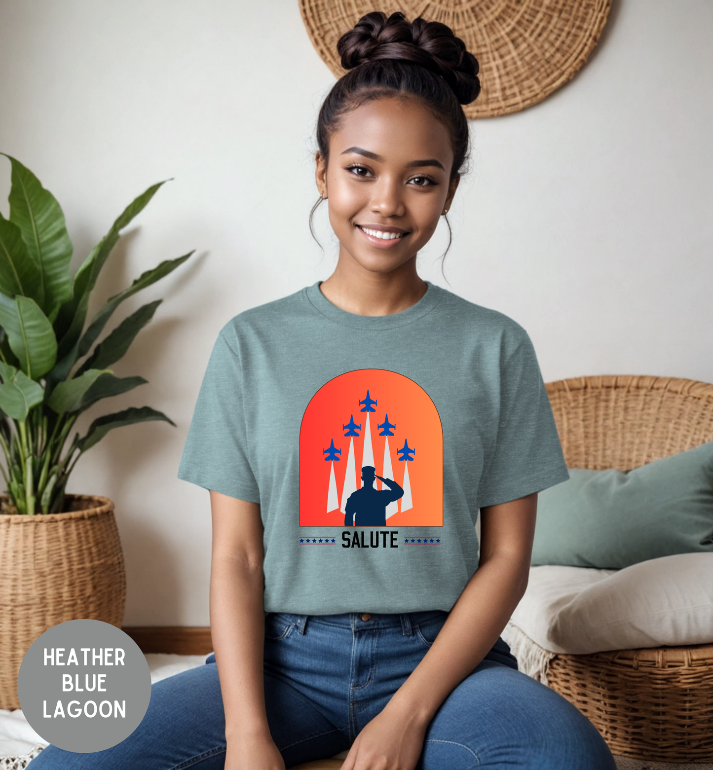 Salute Patriotic Military T-Shirt | Veteran Tribute Jet Flyover Tee | USA Honor Shirt | Armed Forces Graphic | Fourth of July Unisex Tee