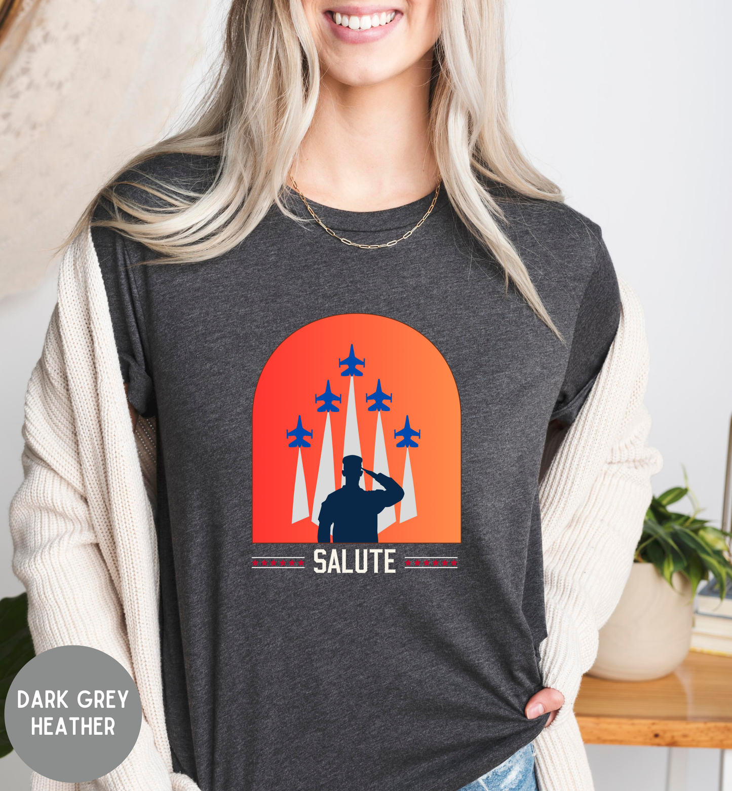 Salute Patriotic Military T-Shirt | Veteran Tribute Jet Flyover Tee | USA Honor Shirt | Armed Forces Graphic | Fourth of July Unisex Tee