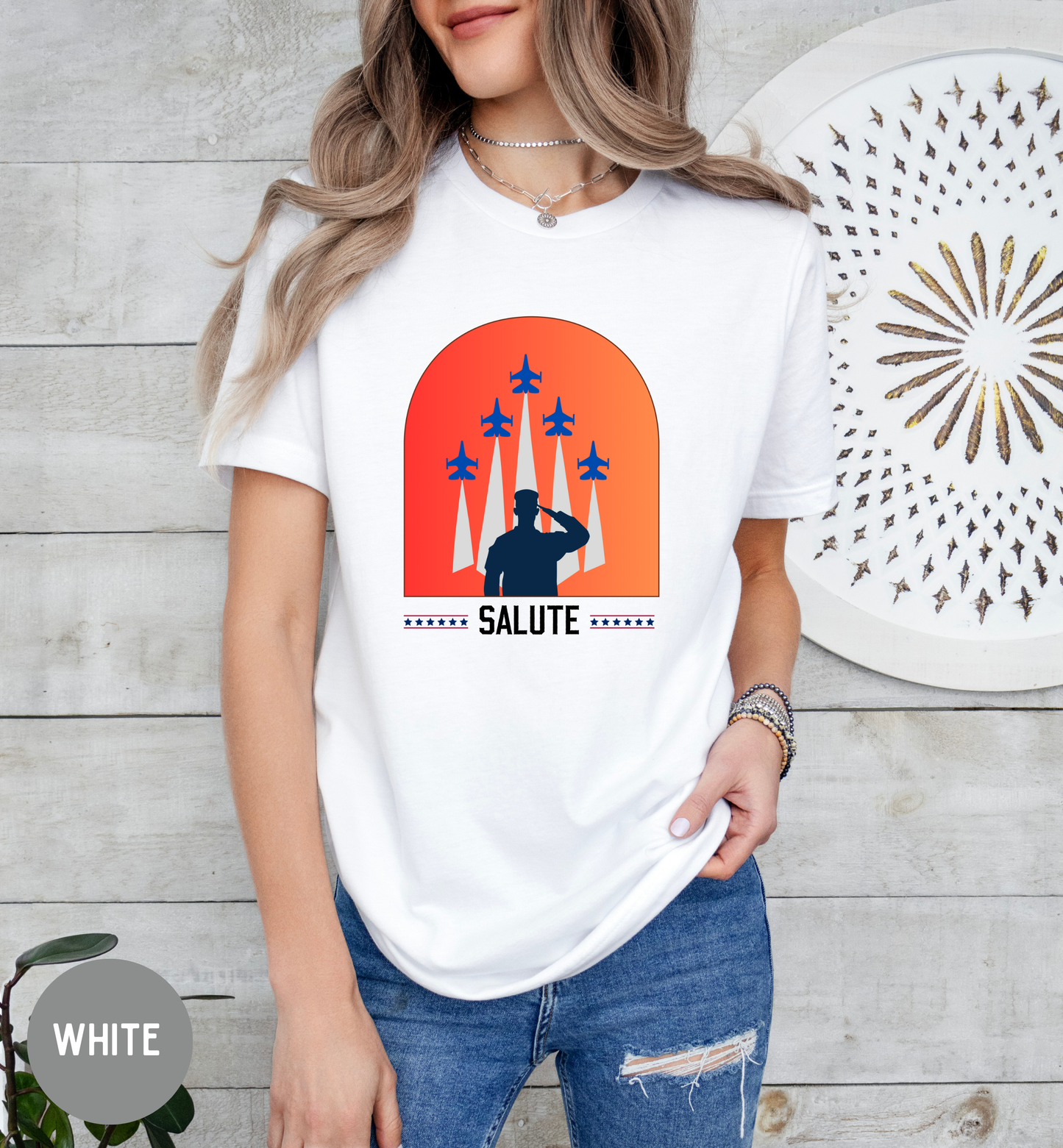 Salute Patriotic Military T-Shirt | Veteran Tribute Jet Flyover Tee | USA Honor Shirt | Armed Forces Graphic | Fourth of July Unisex Tee