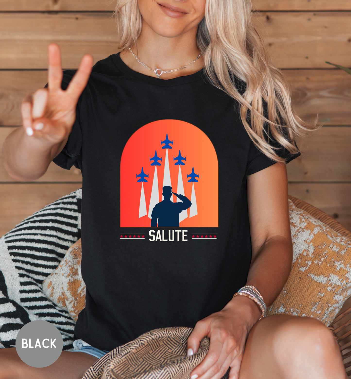 Salute Patriotic Military T-Shirt | Veteran Tribute Jet Flyover Tee | USA Honor Shirt | Armed Forces Graphic | Fourth of July Unisex Tee