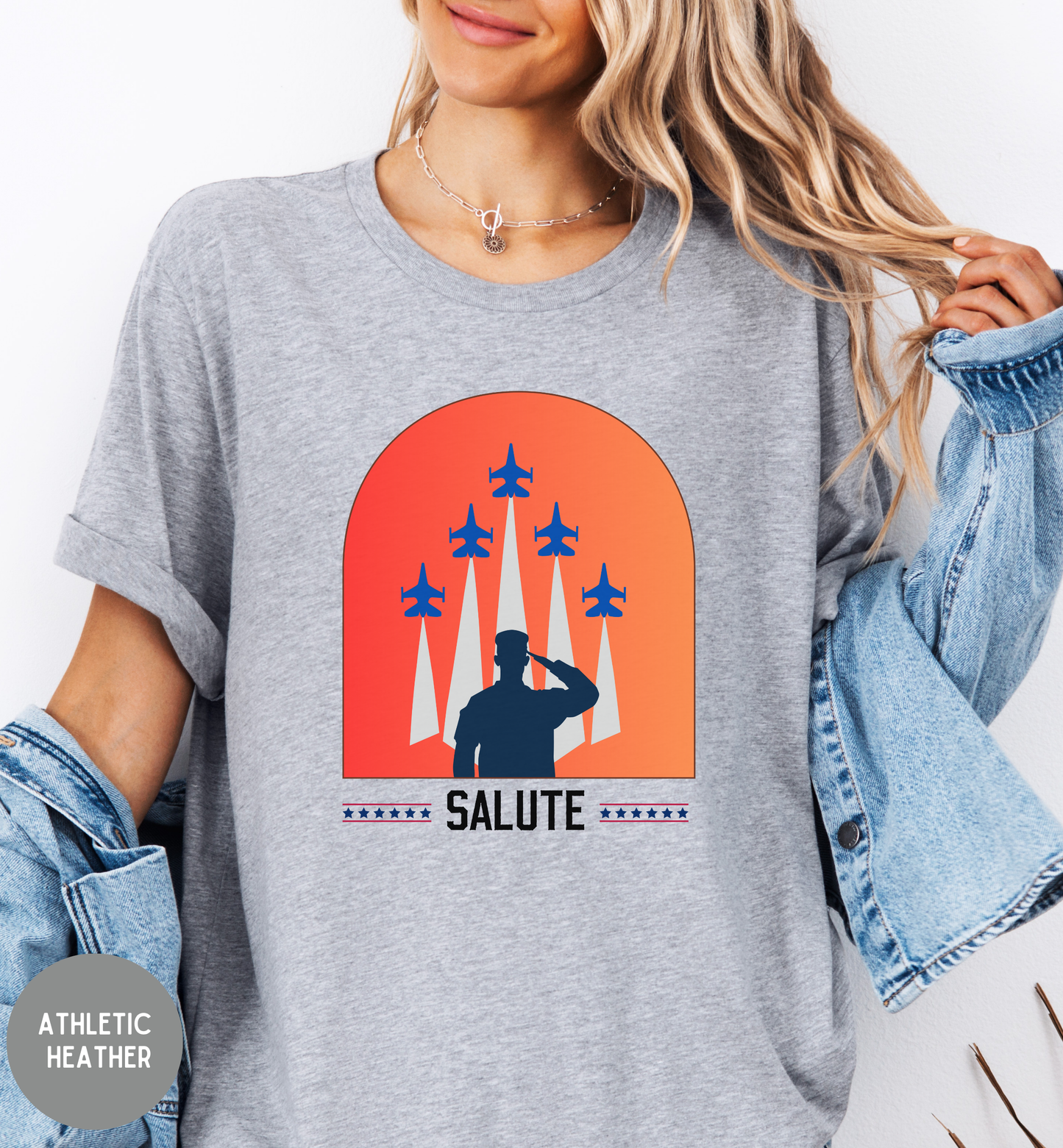 Salute Patriotic Military T-Shirt | Veteran Tribute Jet Flyover Tee | USA Honor Shirt | Armed Forces Graphic | Fourth of July Unisex Tee
