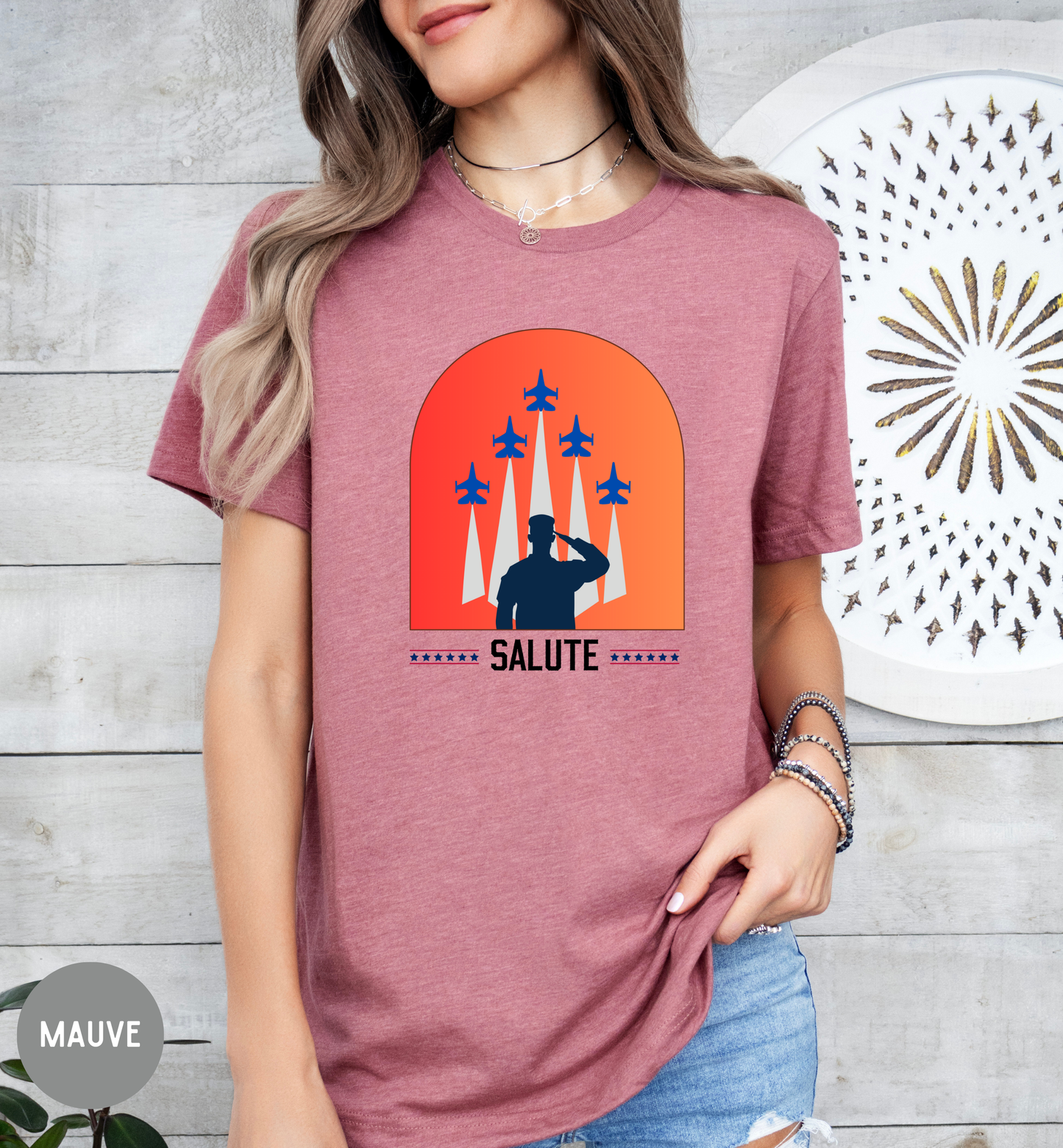Salute Patriotic Military T-Shirt | Veteran Tribute Jet Flyover Tee | USA Honor Shirt | Armed Forces Graphic | Fourth of July Unisex Tee