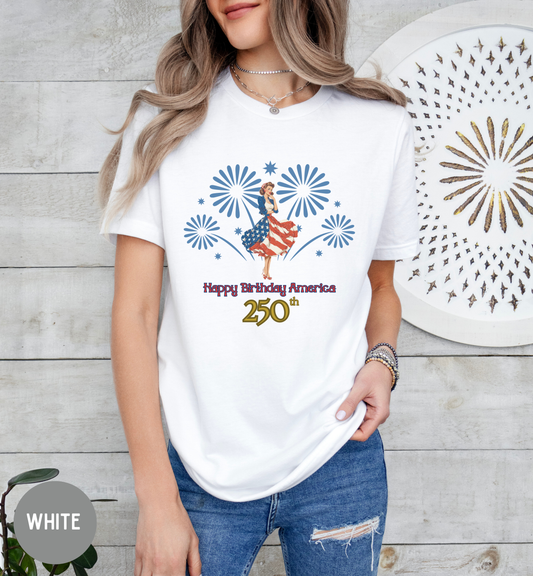 Happy Birthday America 250th T-Shirt | USA 250th Anniversary Shirt | Patriotic Fireworks Tee | Fourth of July 2026 Shirt | Americana Tee