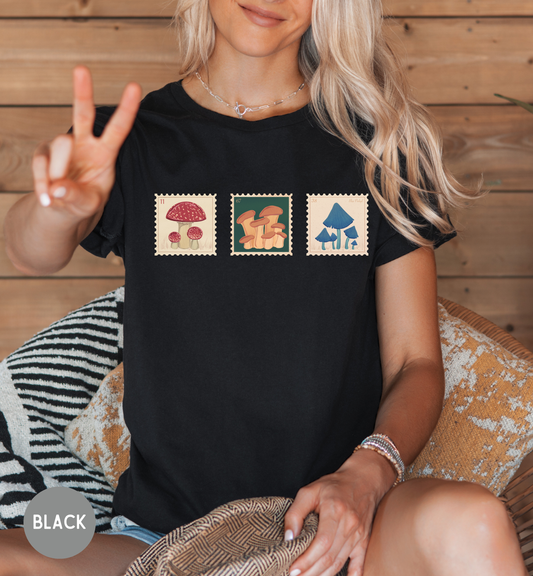Mushroom Stamp T-Shirt | Cottagecore Fungi Shirt | Vintage Botanical Mushroom Tee | Nature Lover Graphic Shirt | Unisex Aesthetic Top
