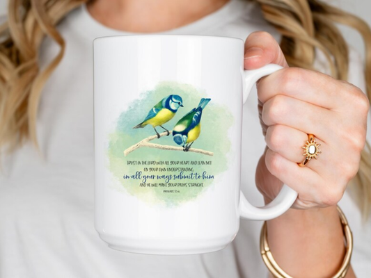 Proverbs 3:5-6 coffe mug, Blue tit Bird mug, Bible verse mug, inspirational Christian Faith mug, religious gifts, bird or nature lovers mug.
