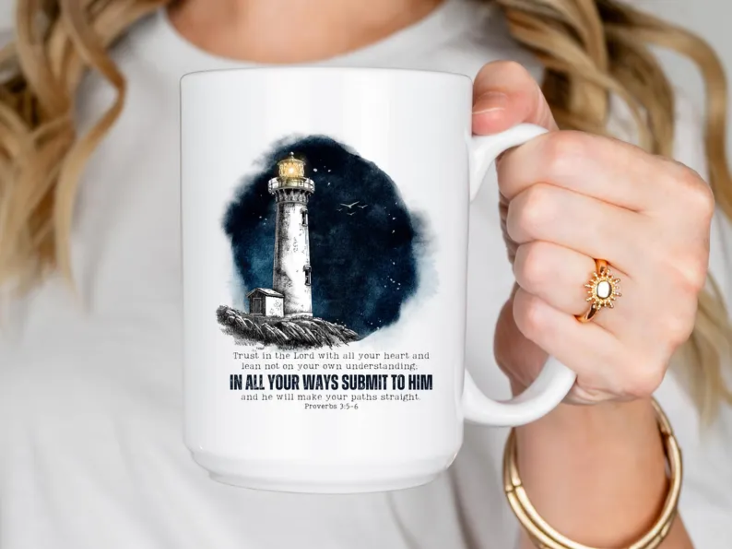 Proverbs 3:5-6 coffe mug, Lighthouse mug, Bible verse mug, inspirational Christian Faith mug, religious gift, sea lovers, boat captain gift.