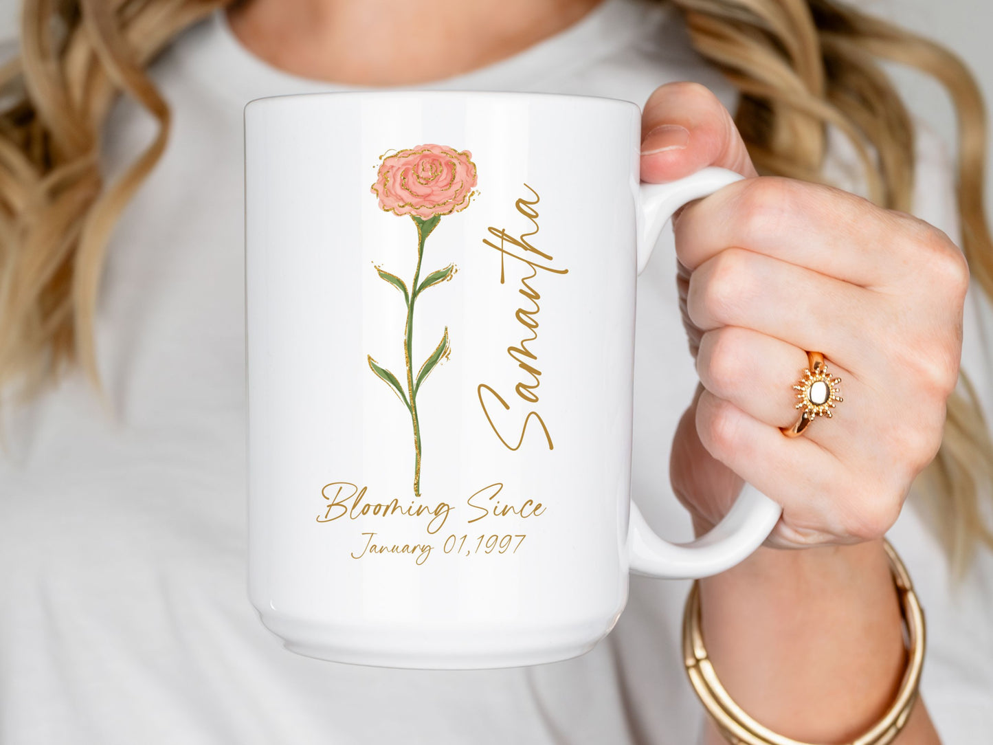 Personalized Birth Flower Mug with Name & Date, Custom Birthday Coffee Cup, Floral Gift for Her, Birth Month Flower Mug, Meaningful Keepsake