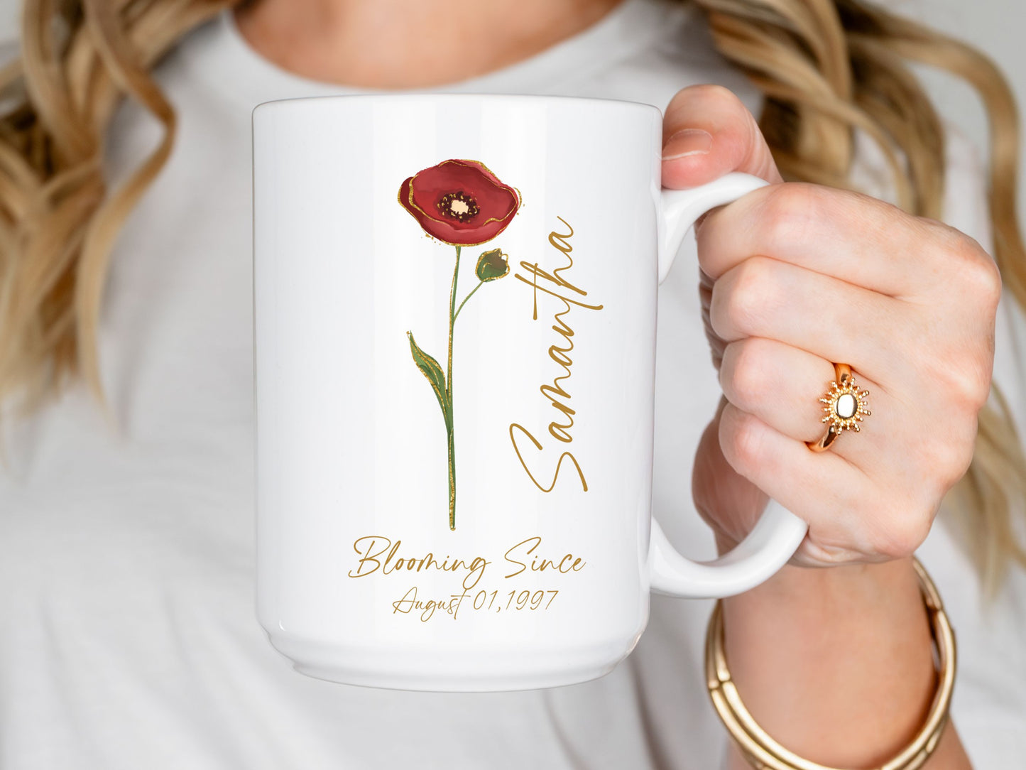 Personalized Birth Flower Mug with Name & Date, Custom Birthday Coffee Cup, Floral Gift for Her, Birth Month Flower Mug, Meaningful Keepsake
