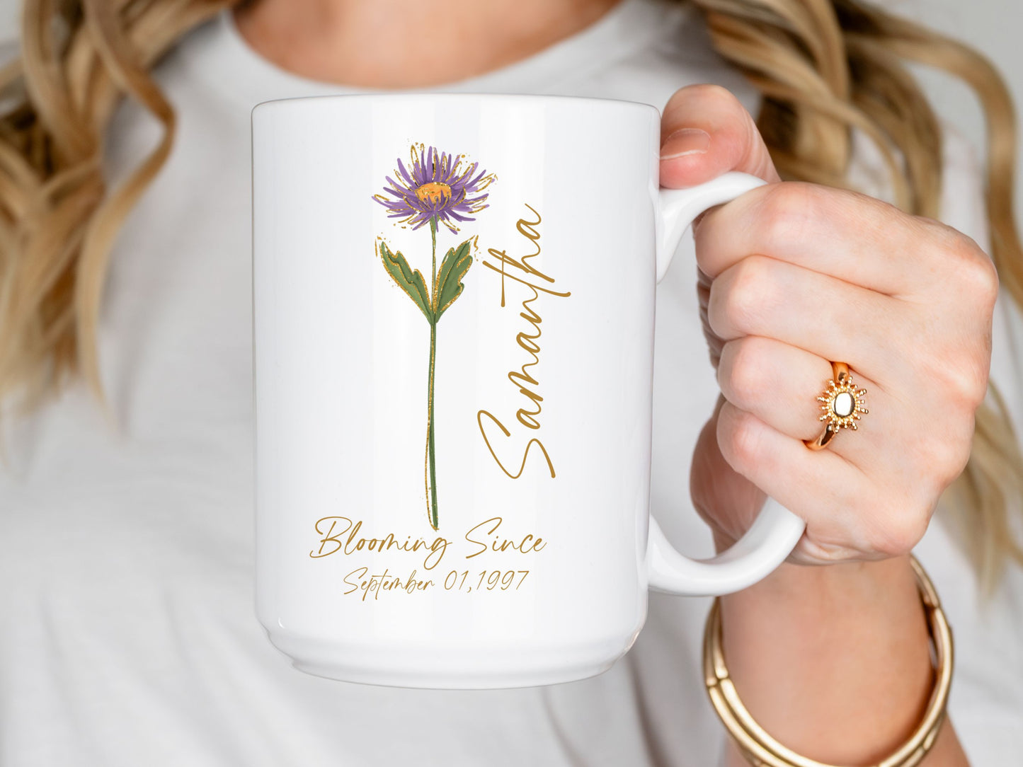 Personalized Birth Flower Mug with Name & Date, Custom Birthday Coffee Cup, Floral Gift for Her, Birth Month Flower Mug, Meaningful Keepsake